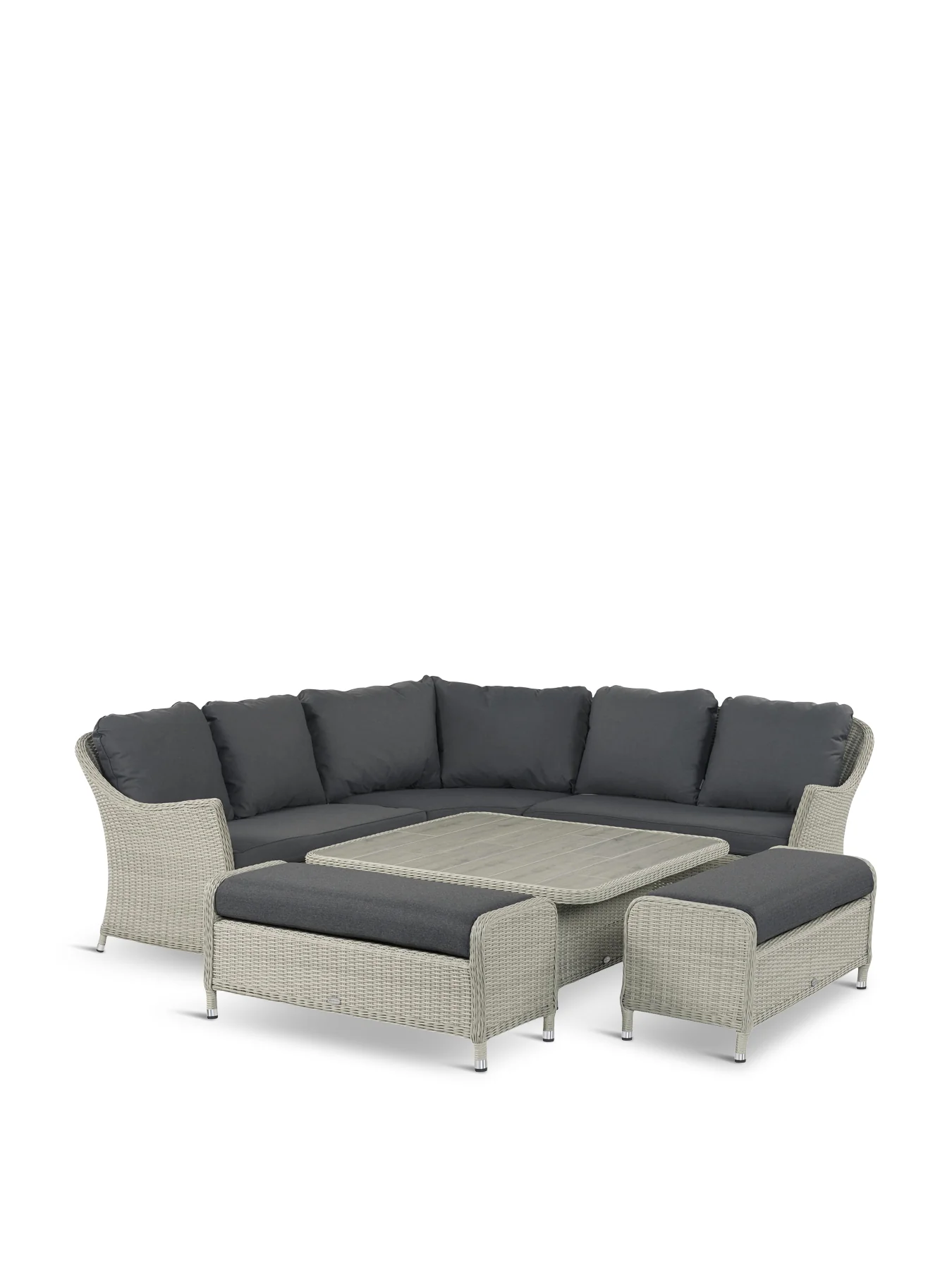 Monterey Dove Grey Rattan Curved Corner Sofa with Square Dual Height Table & 2 Benches