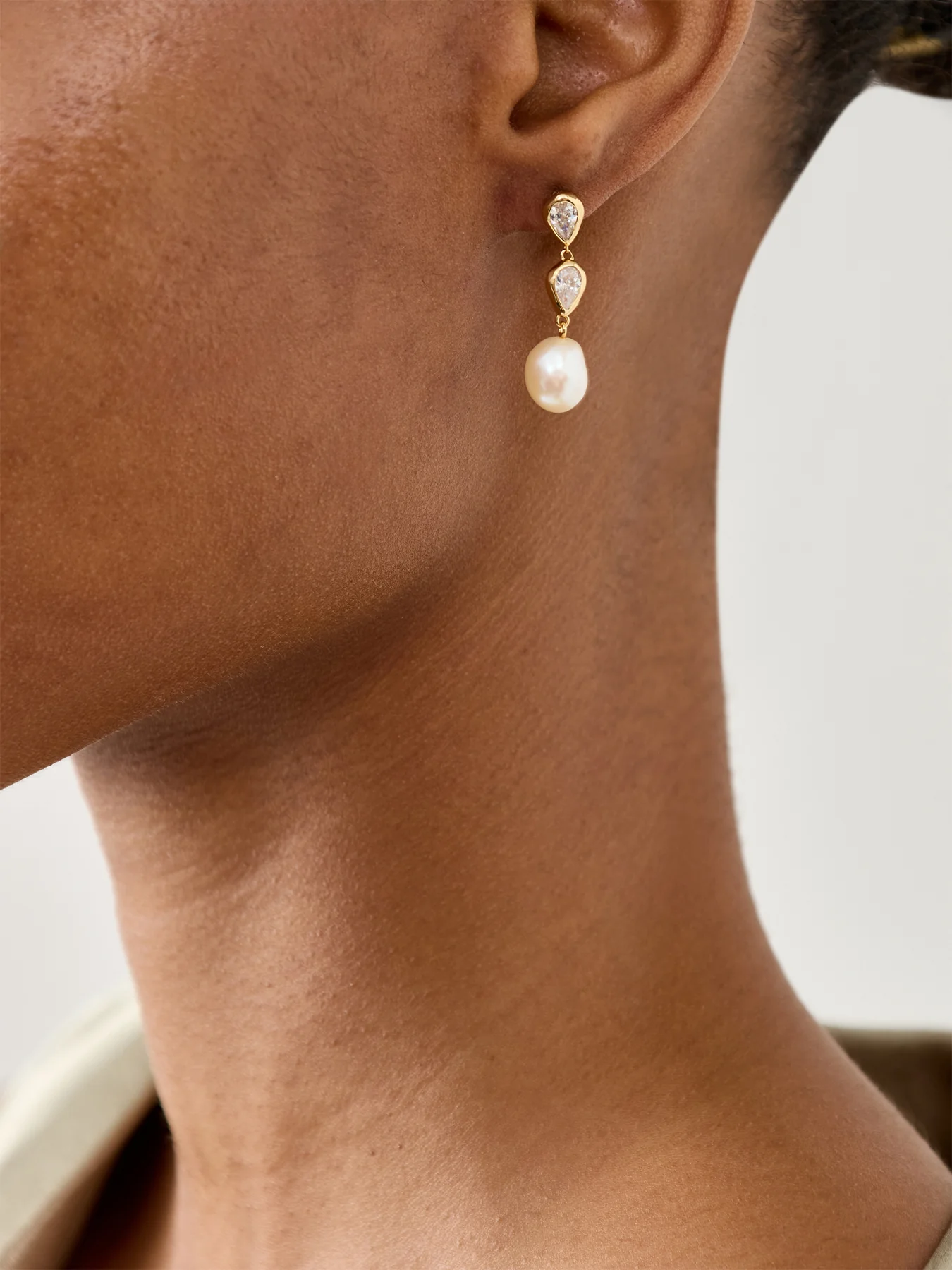 Gold Pear Bezel & Pearl Drop Earring Studs - Image 2