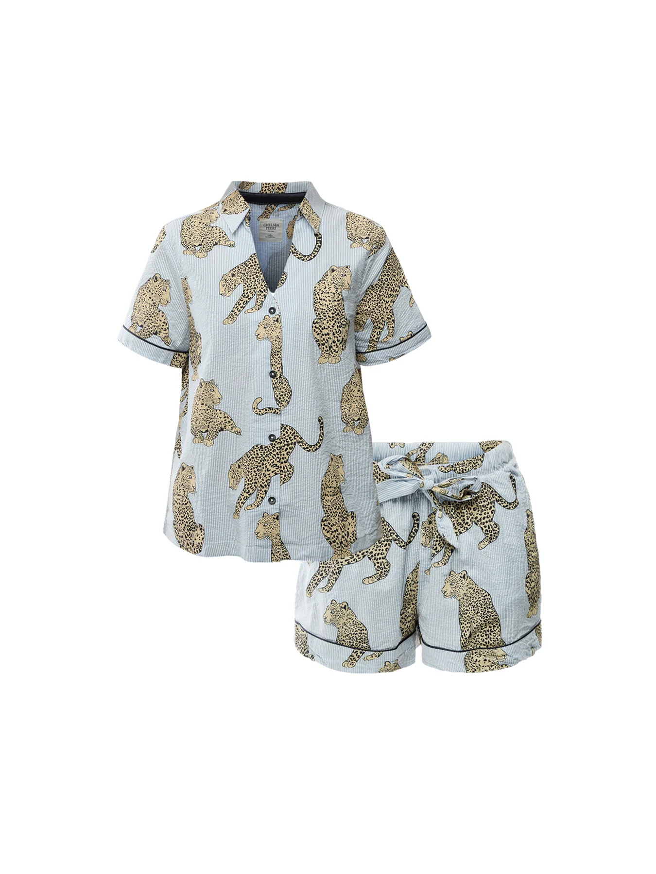 Seersucker Stripe Leopard Short Set
