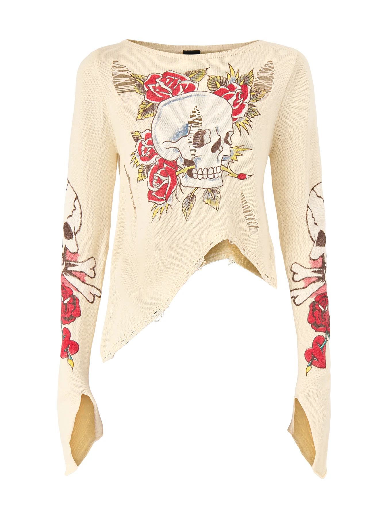 Skull And Roses Distressed Knit Ecru