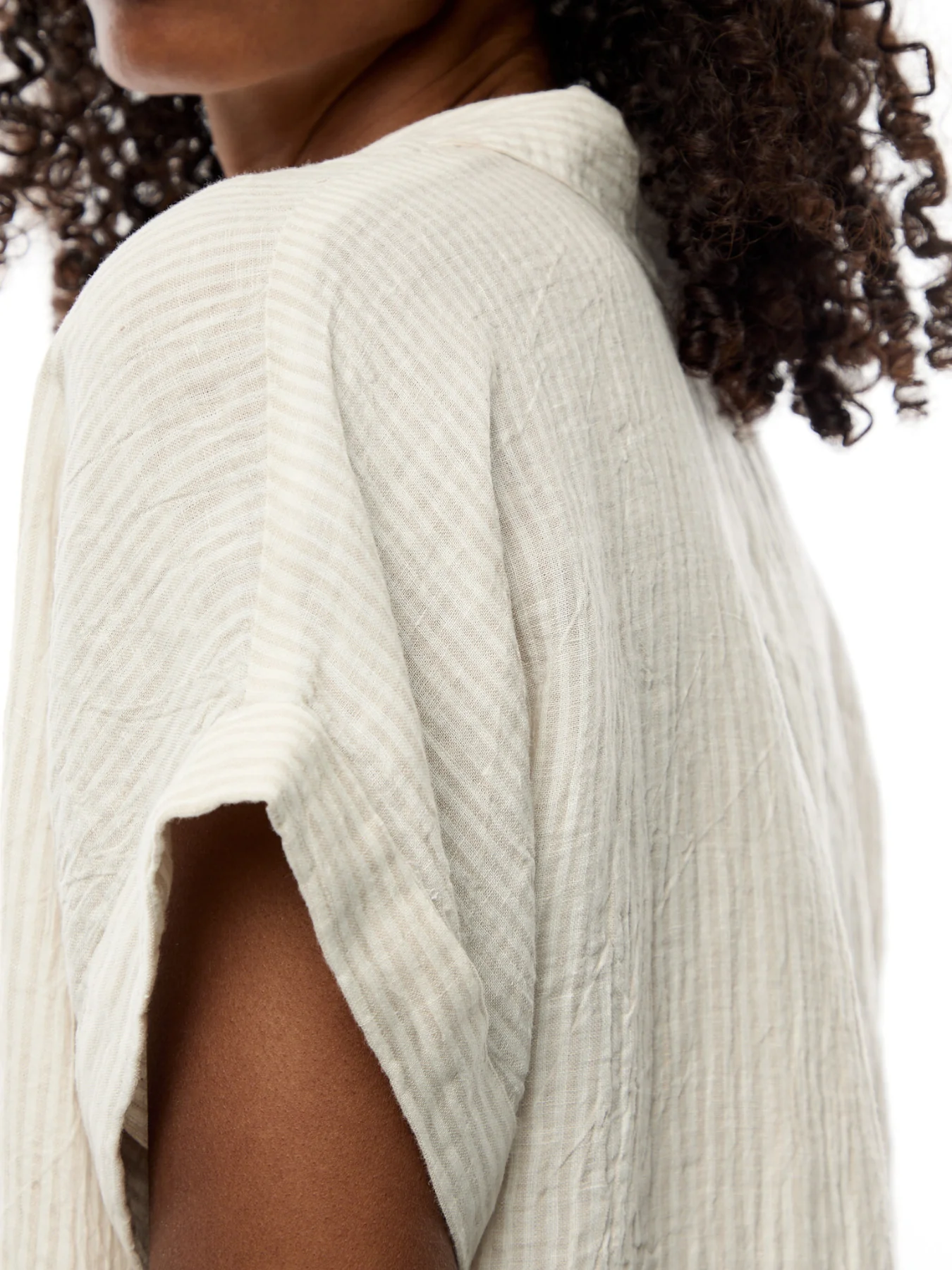 Notch Collar Top W/ Cuffed Cap Slv Linen Stripe - Image 3