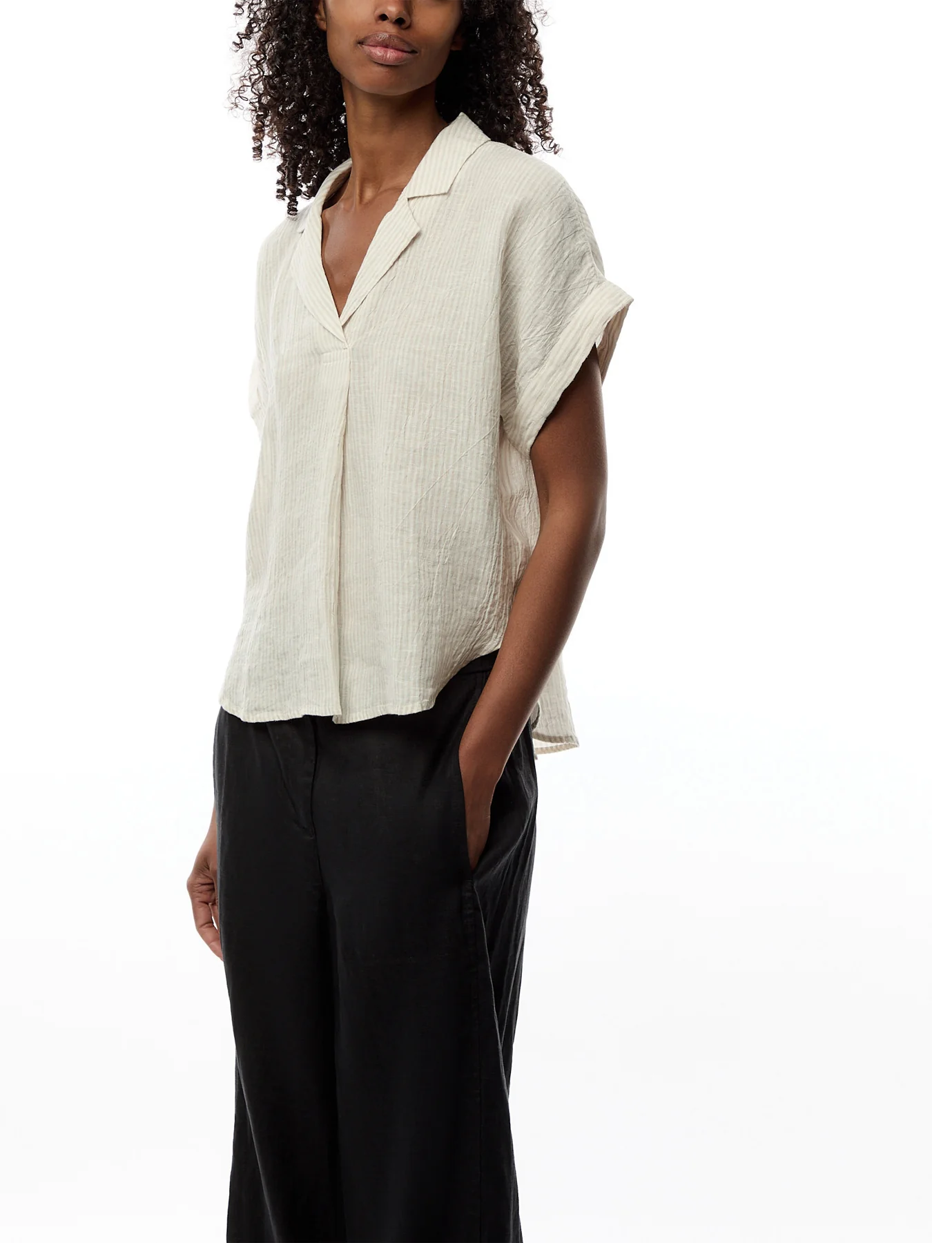 Notch Collar Top W/ Cuffed Cap Slv Linen Stripe - Image 4