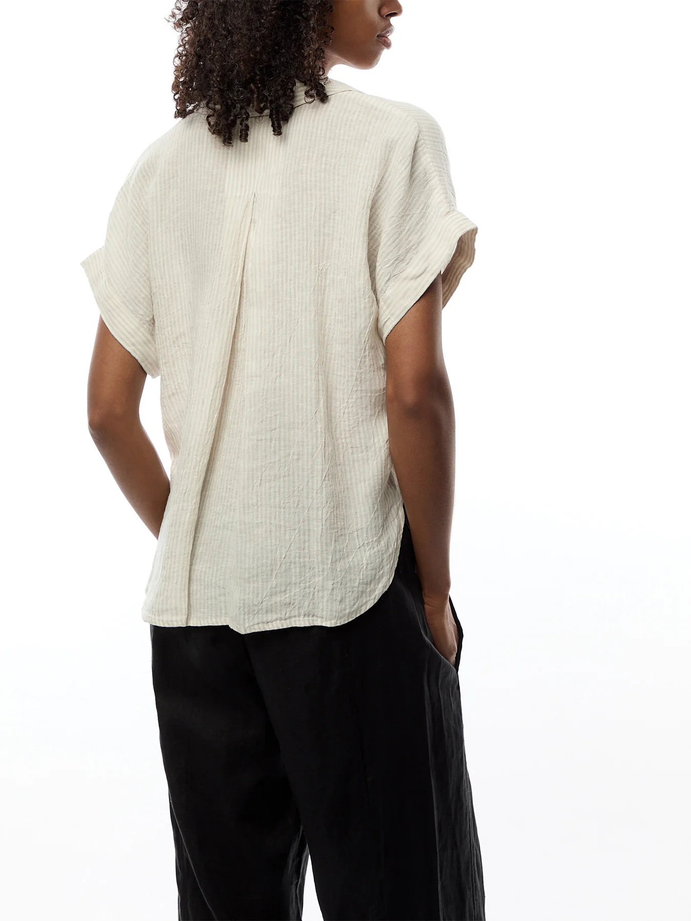 Notch Collar Top W/ Cuffed Cap Slv Linen Stripe - Image 5