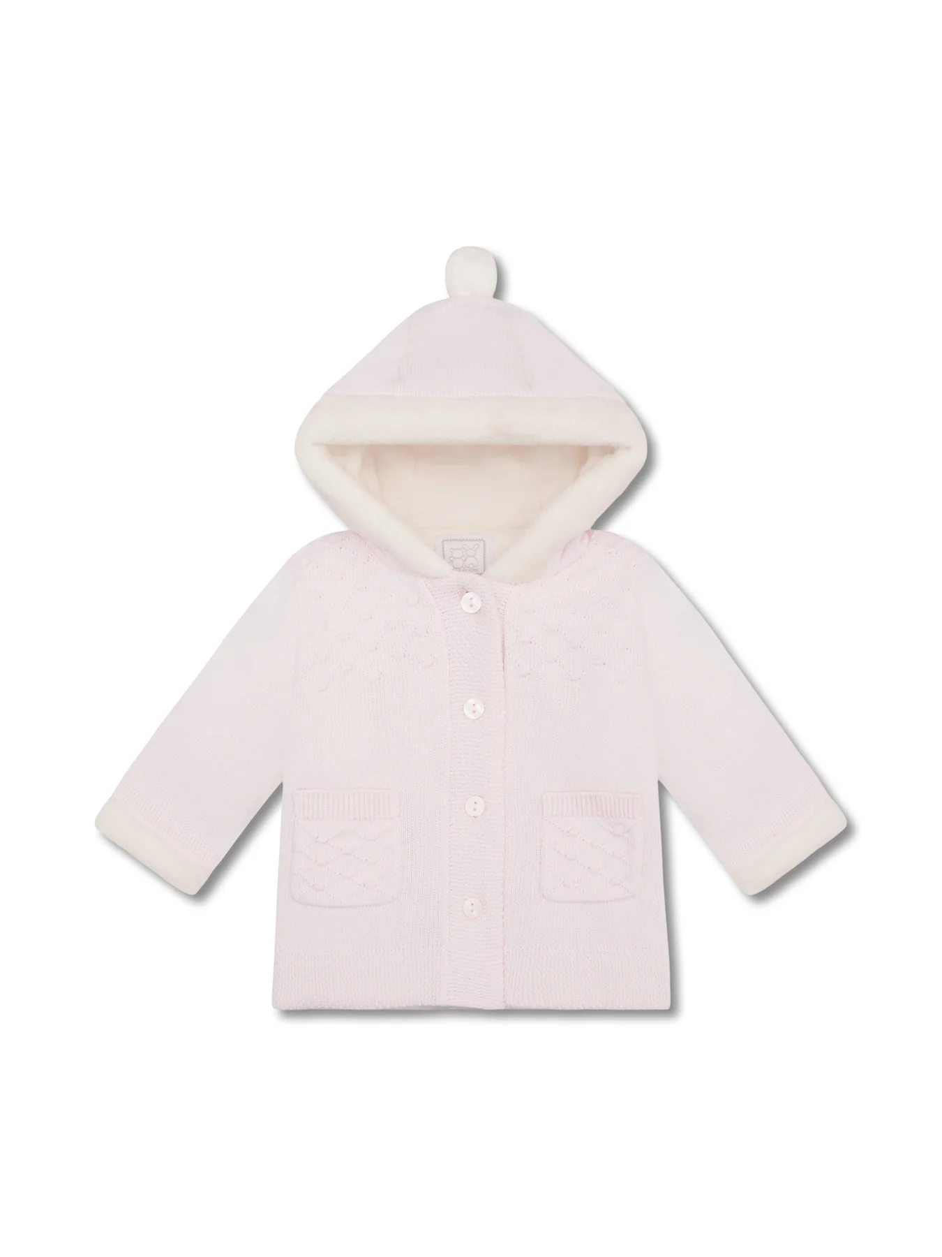 Pink Knitted Hooded Jacket With Fur Trim