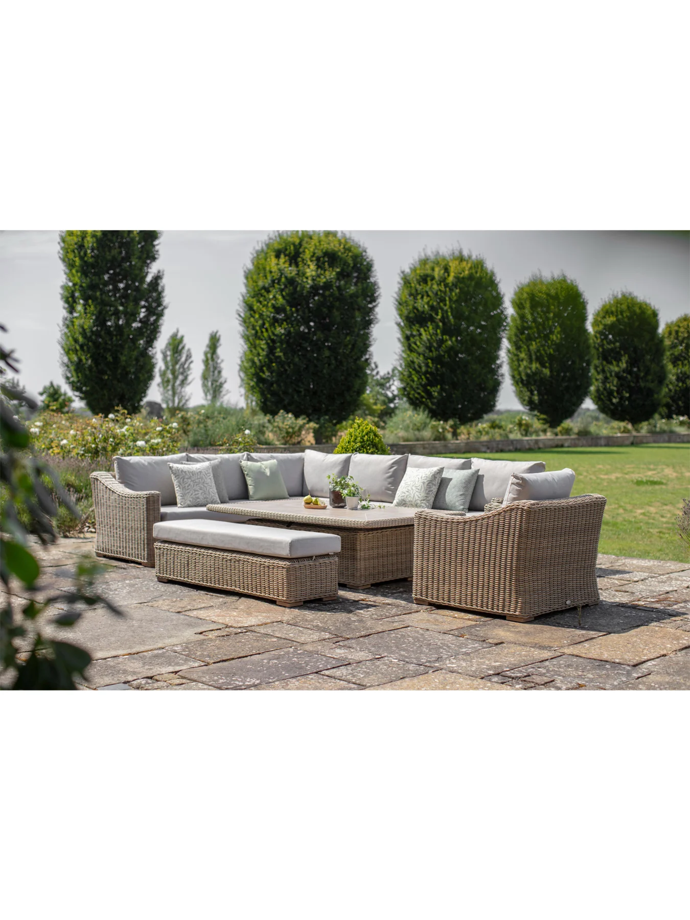 Fairford Rattan L-Shape Sofa with Rectangle Piston Adjustable Height Table Bench & Chair - Image 3