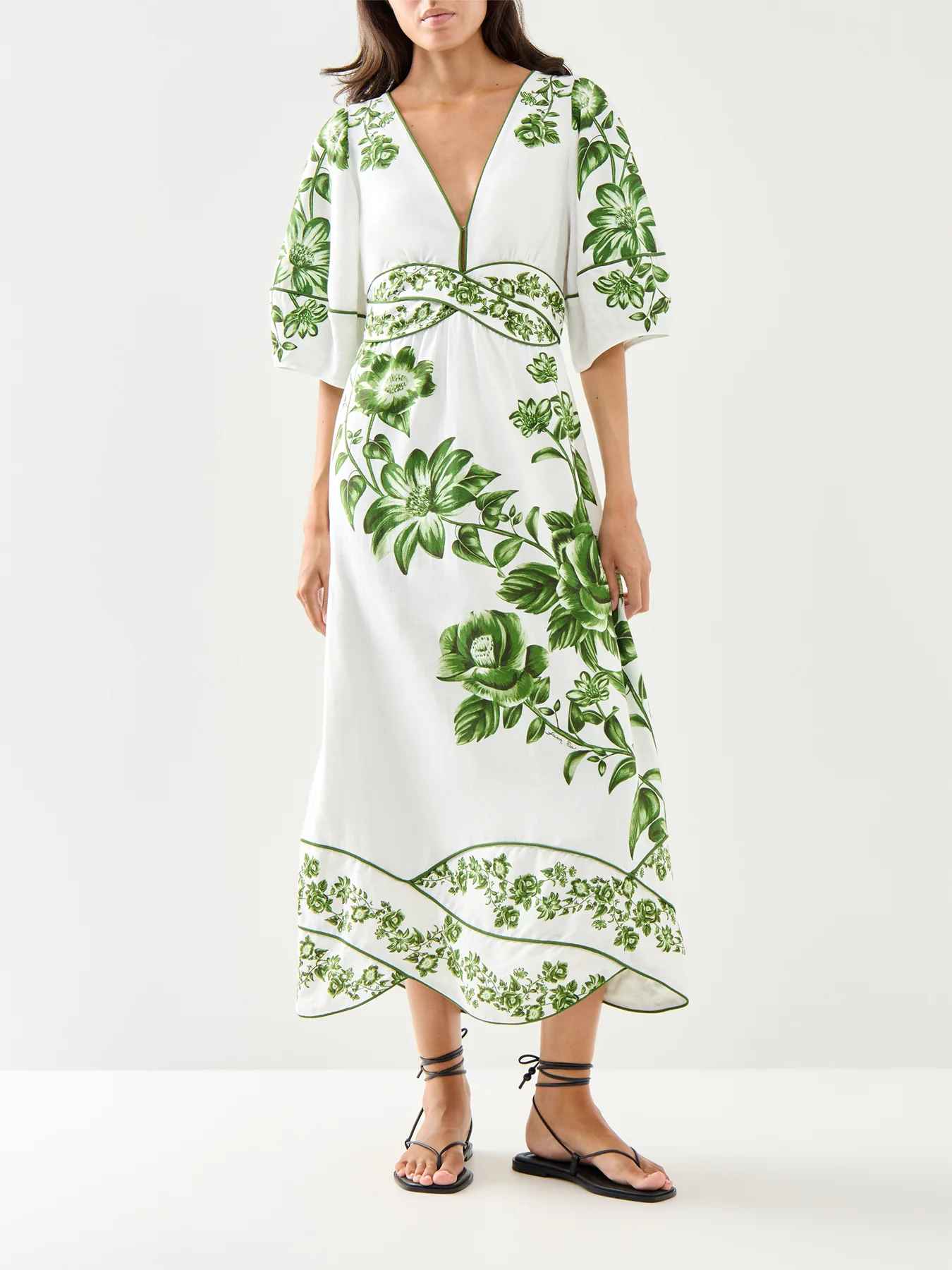 Green Floral Cascade Off-white Short Sleeve Midi Dress - Image 2