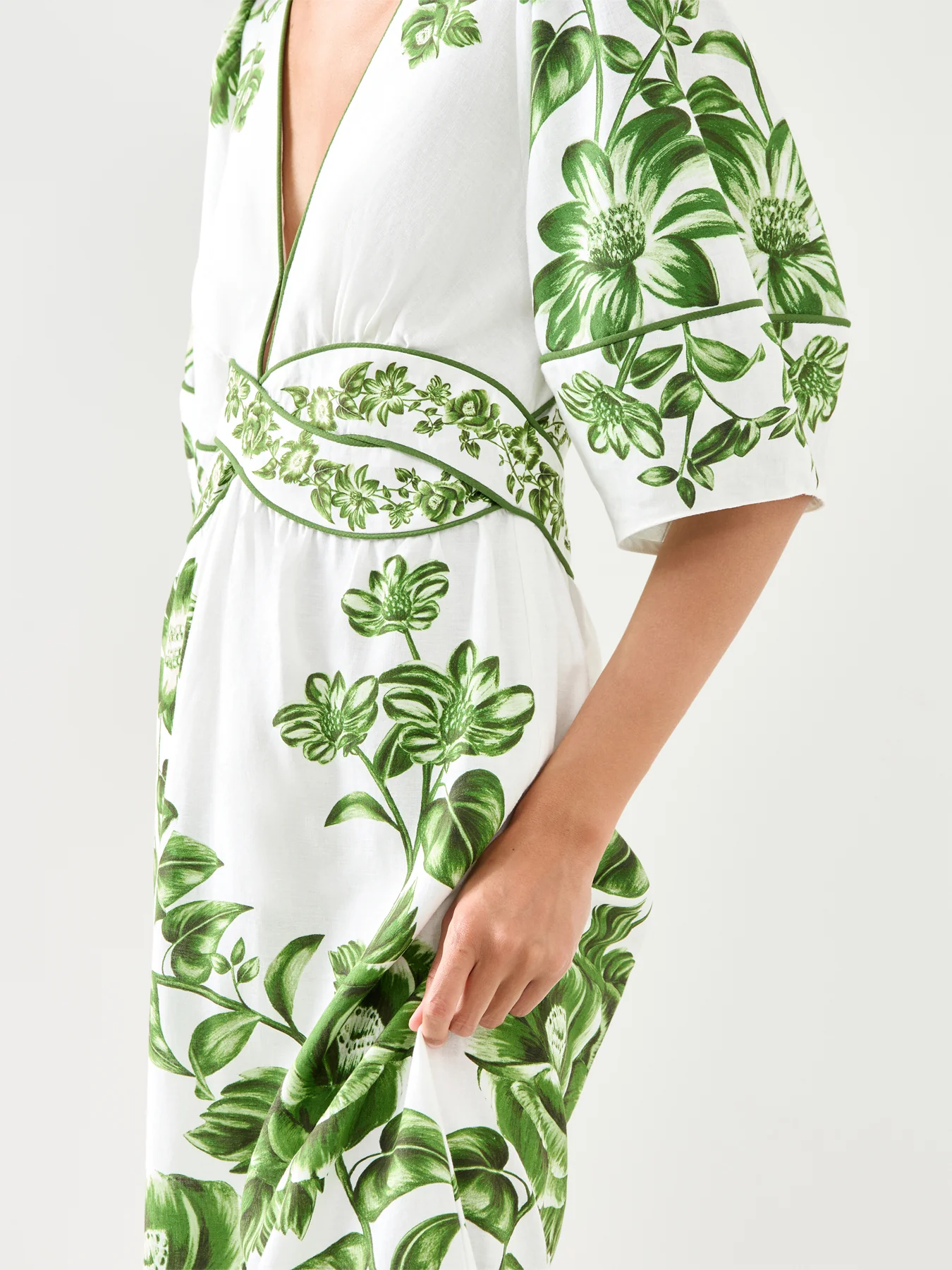 Green Floral Cascade Off-white Short Sleeve Midi Dress - Image 3