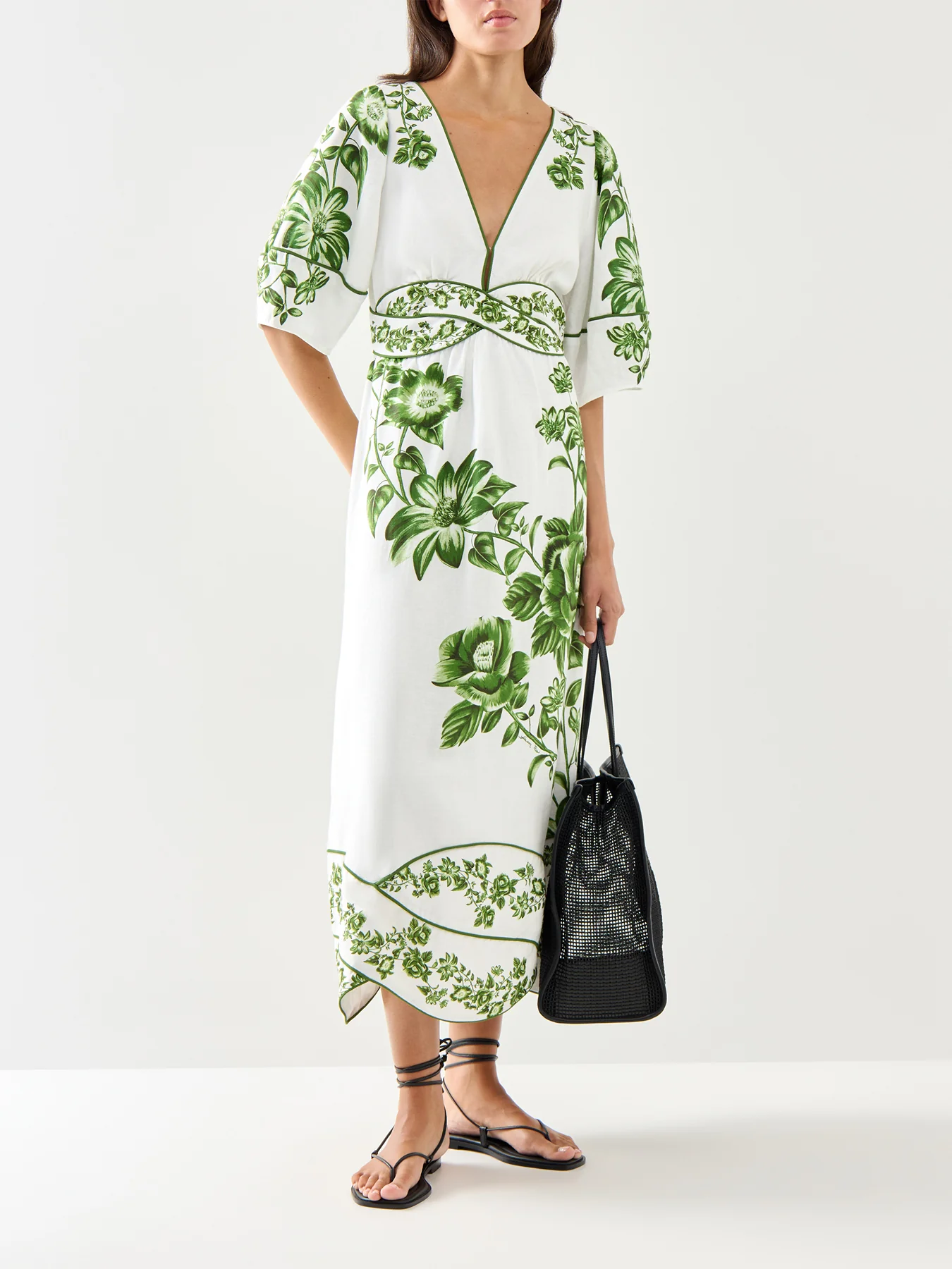 Green Floral Cascade Off-white Short Sleeve Midi Dress - Image 4