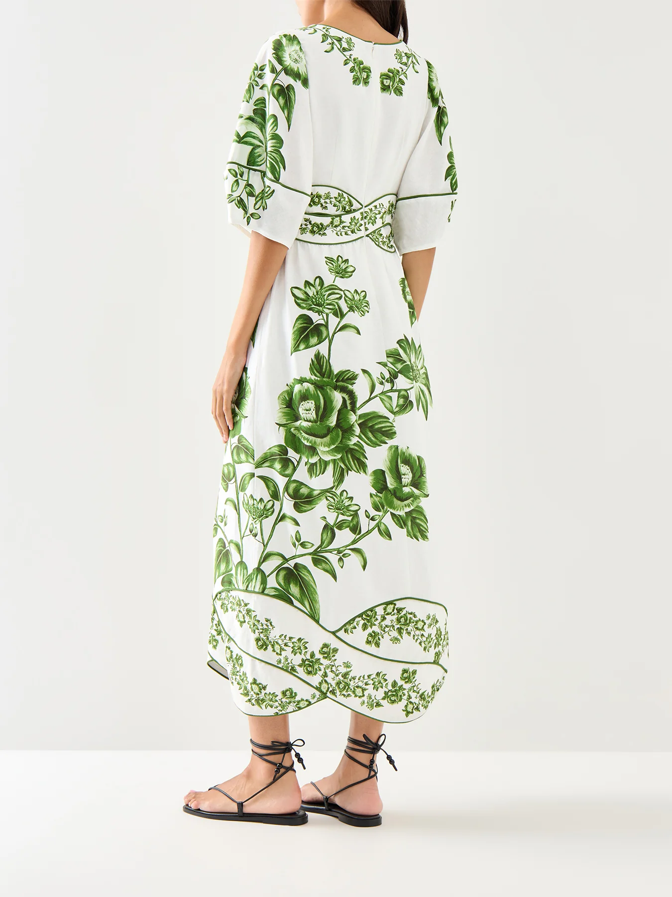 Green Floral Cascade Off-white Short Sleeve Midi Dress - Image 5