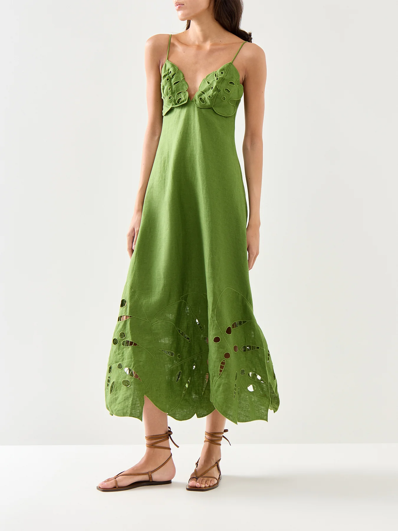 Green Monstera Embroidery Midi Dress - Image 4