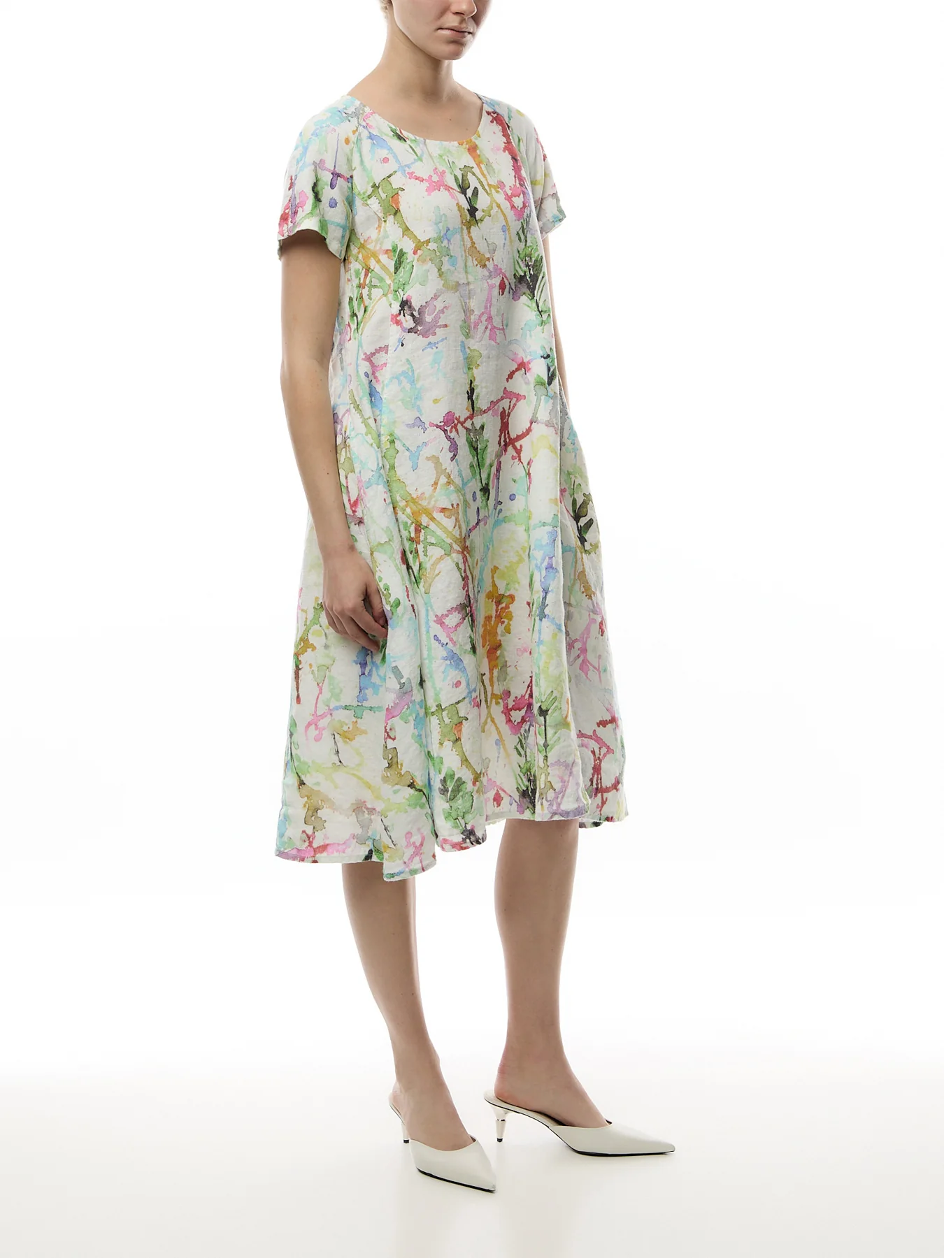 Short Sleeve A Line Printed Linen Dress - Image 2