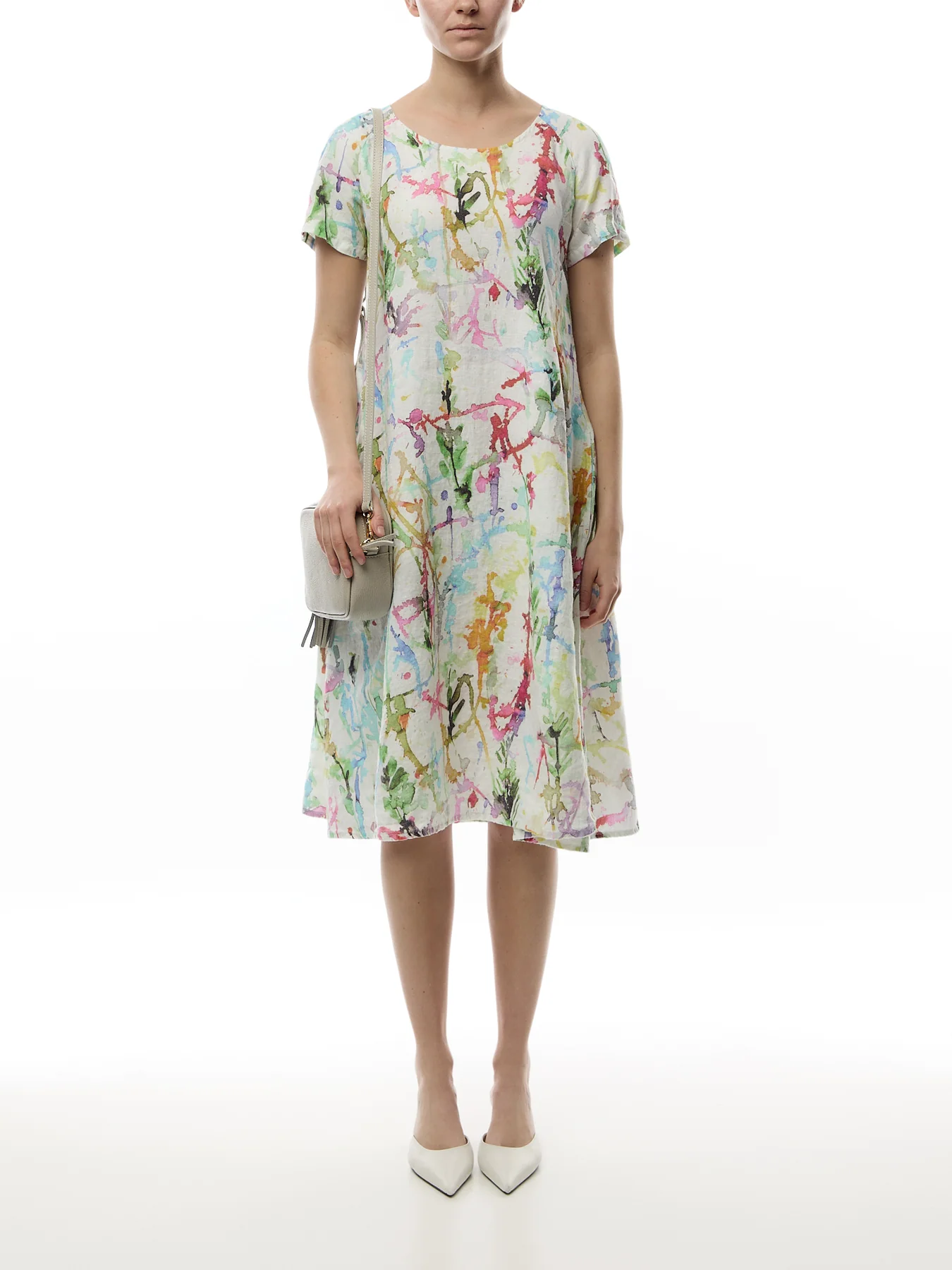 Short Sleeve A Line Printed Linen Dress - Image 4