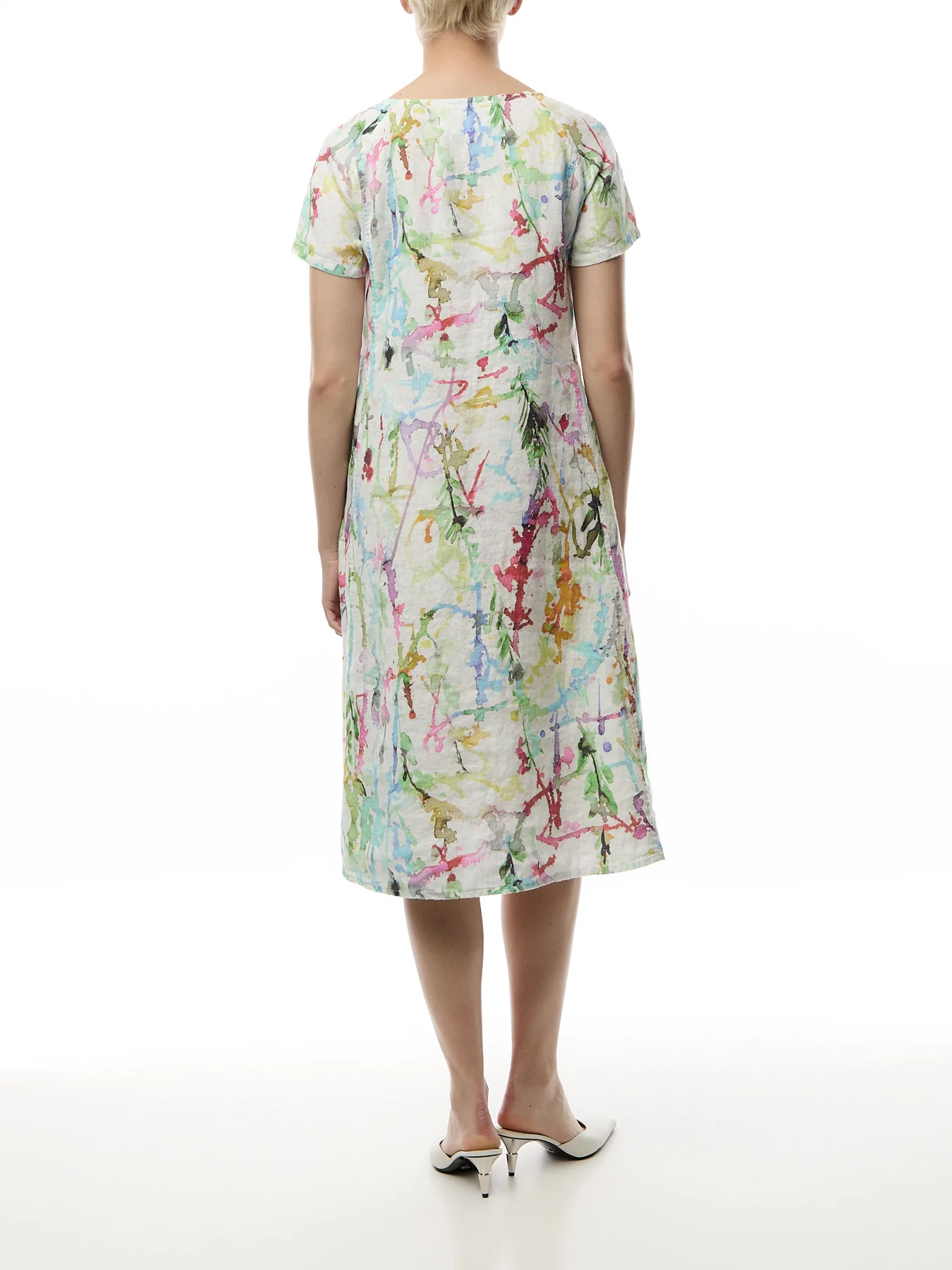 Short Sleeve A Line Printed Linen Dress - Image 5