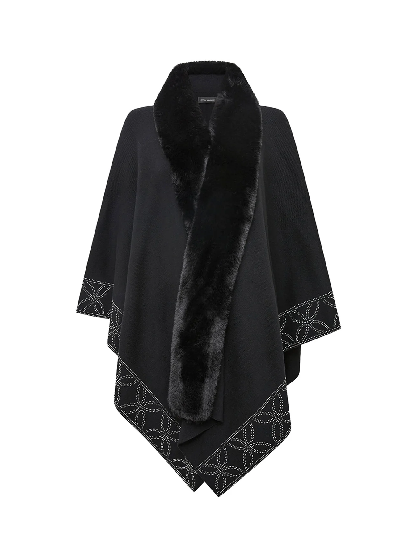 Crystal Edge Faux Fur Poncho Black