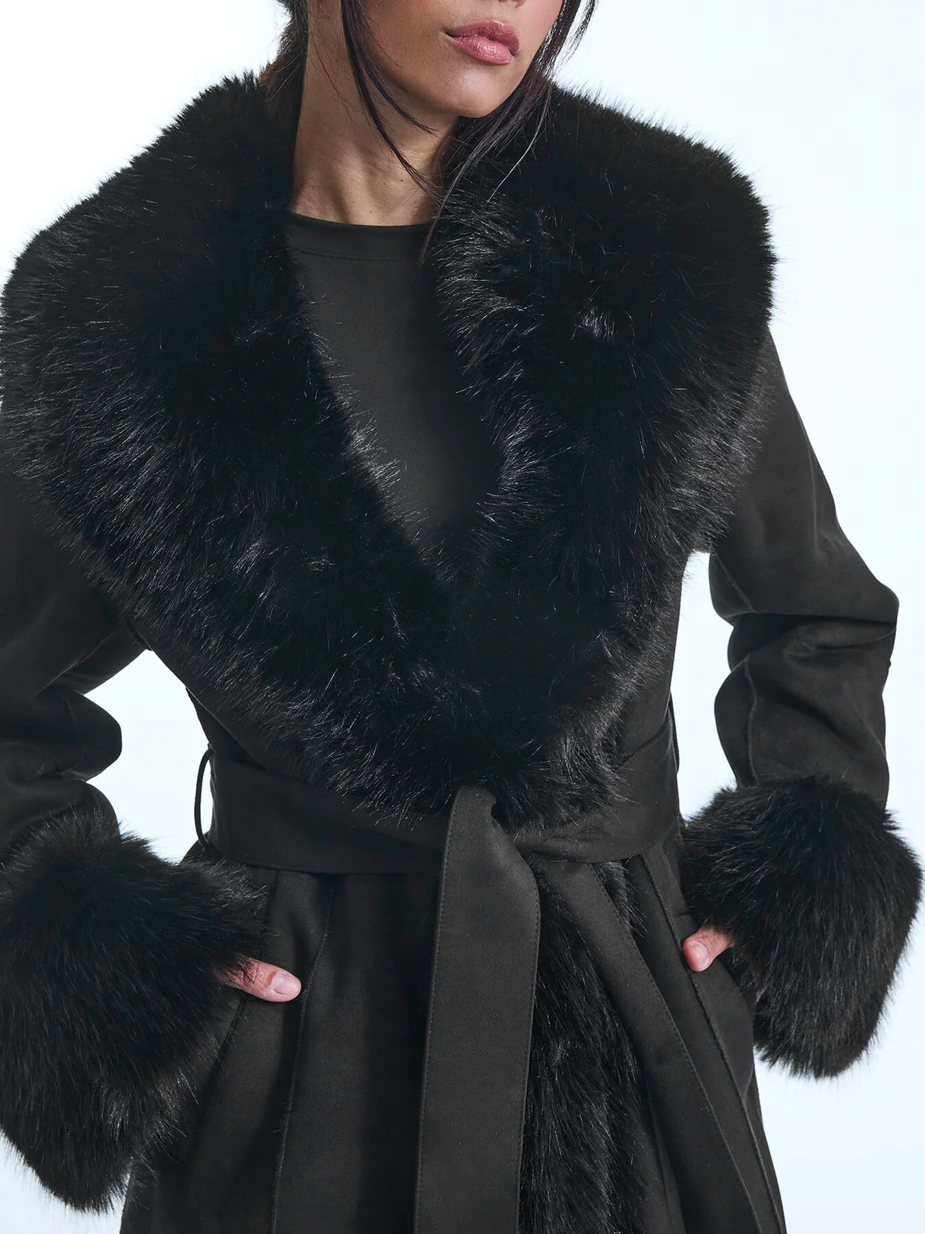 Faux Fur Cuff Belted Coat - Image 3