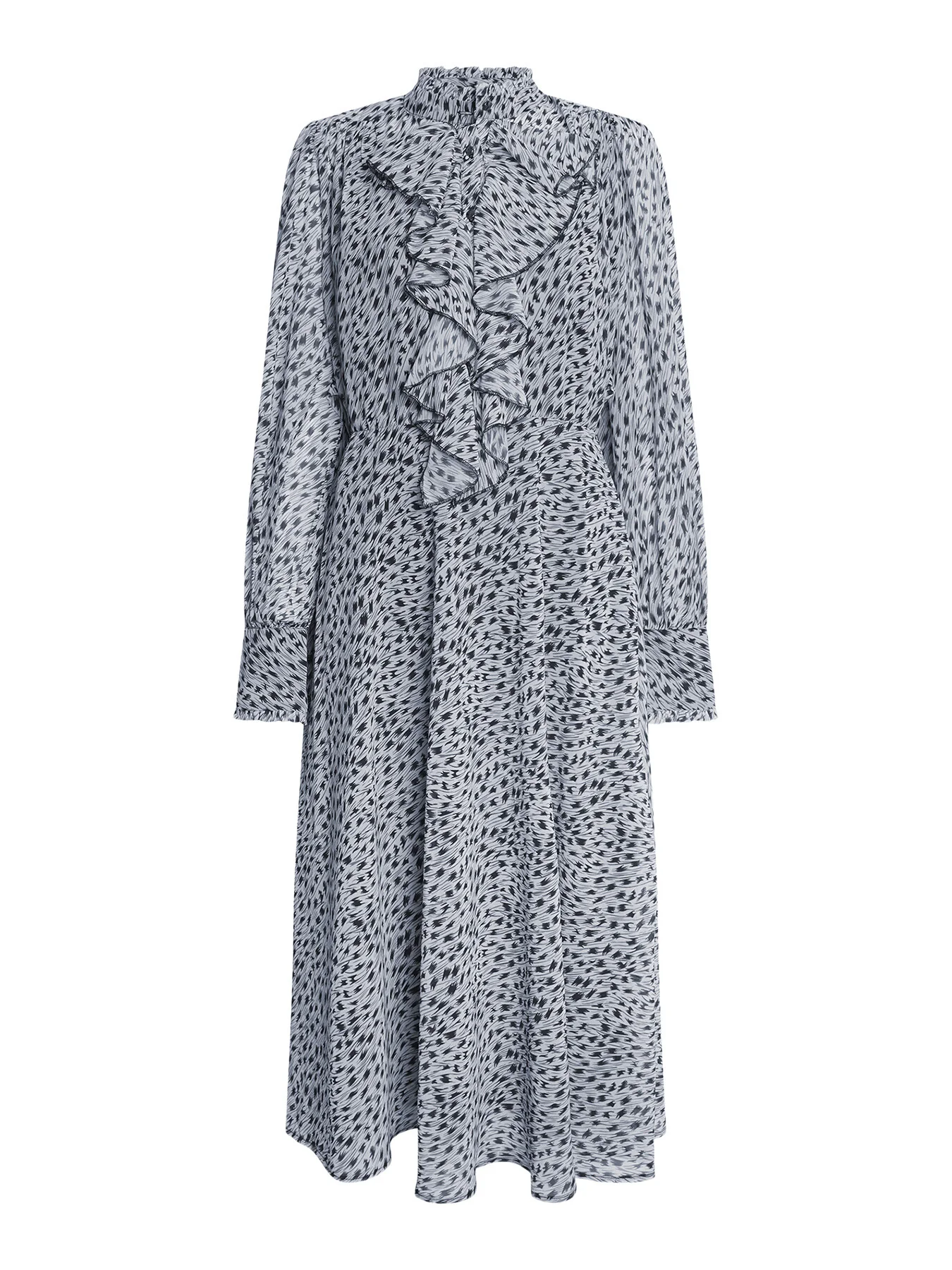 Printed Front Ruffle Midi Dress