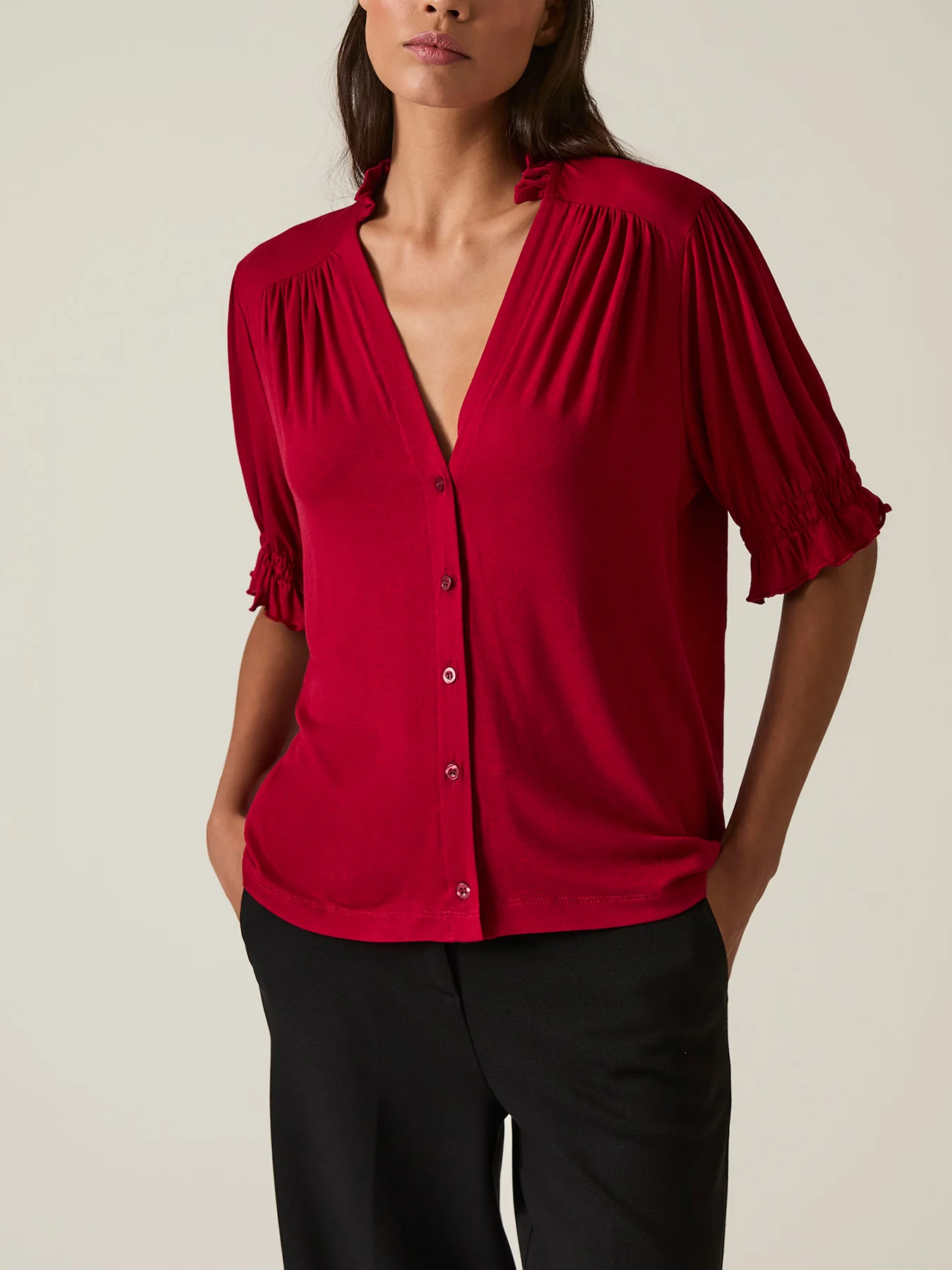V-neck Jersey Blouse Red - Image 2