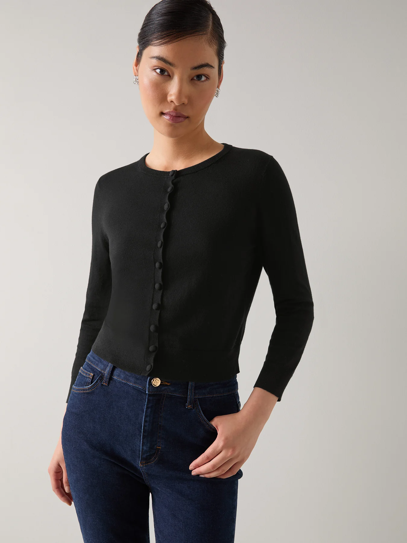 Lottie Plain Merino Cotton Fine Gauge Cardigan Black - Image 2
