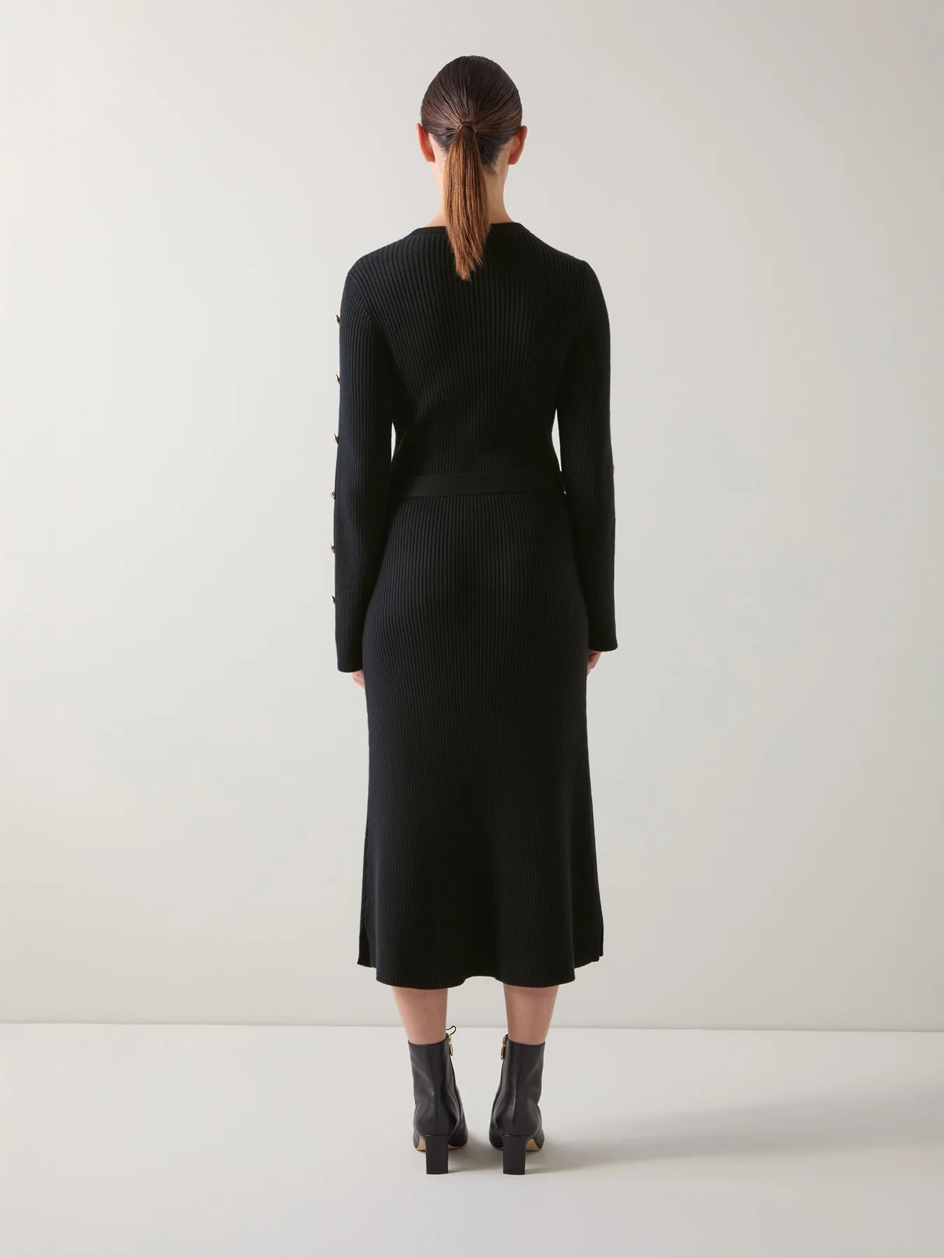 Mirren Black Plain Organic Cotton Shank Button Jumper Dress with Self Covered Belt - Image 4