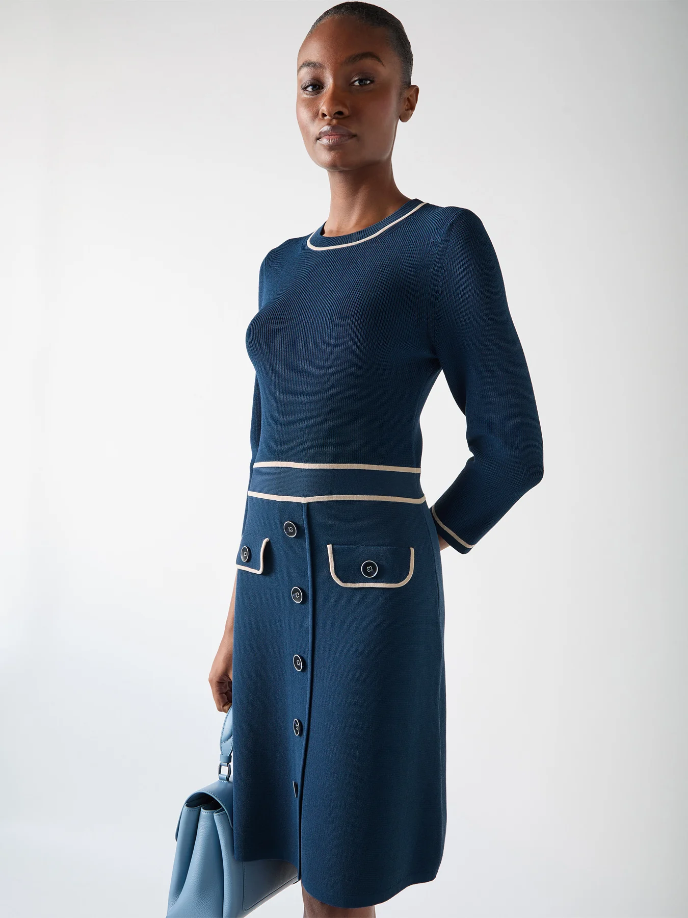 Ciara Viscose Blend Button Through Knit Dress Blue & Navy - Image 2