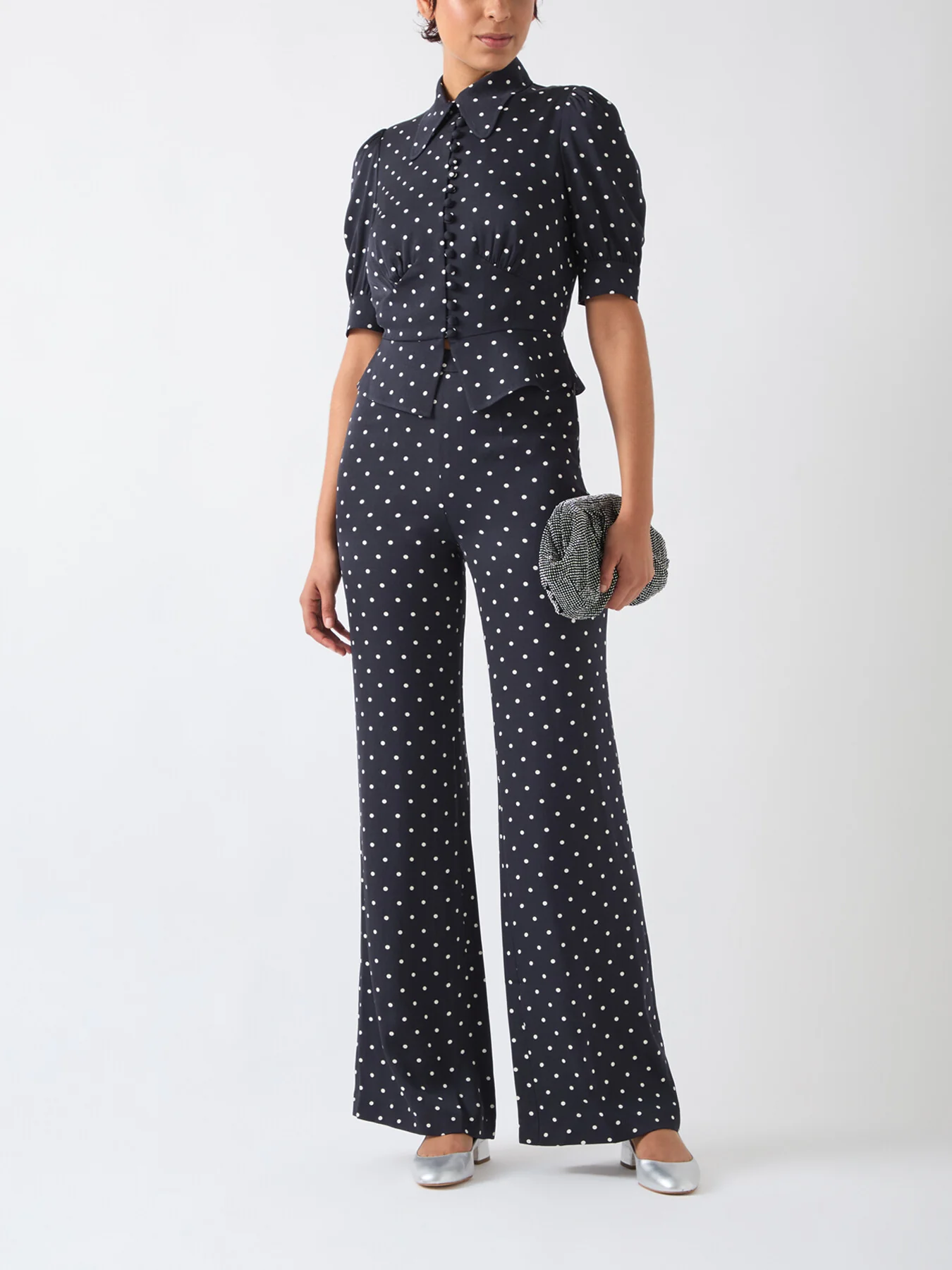 Elsie Spring Navy & Birch Viscose 40'S Polka Dot Button - Image 2