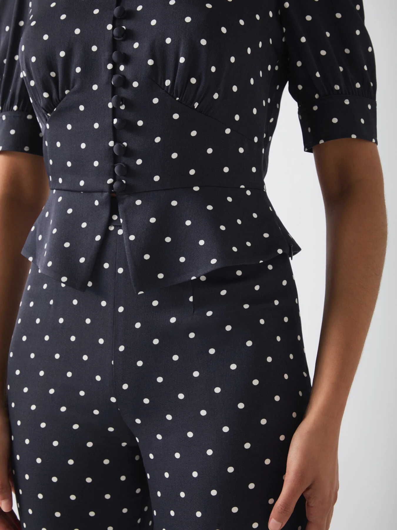 Elsie Spring Navy & Birch Viscose 40'S Polka Dot Button - Image 4