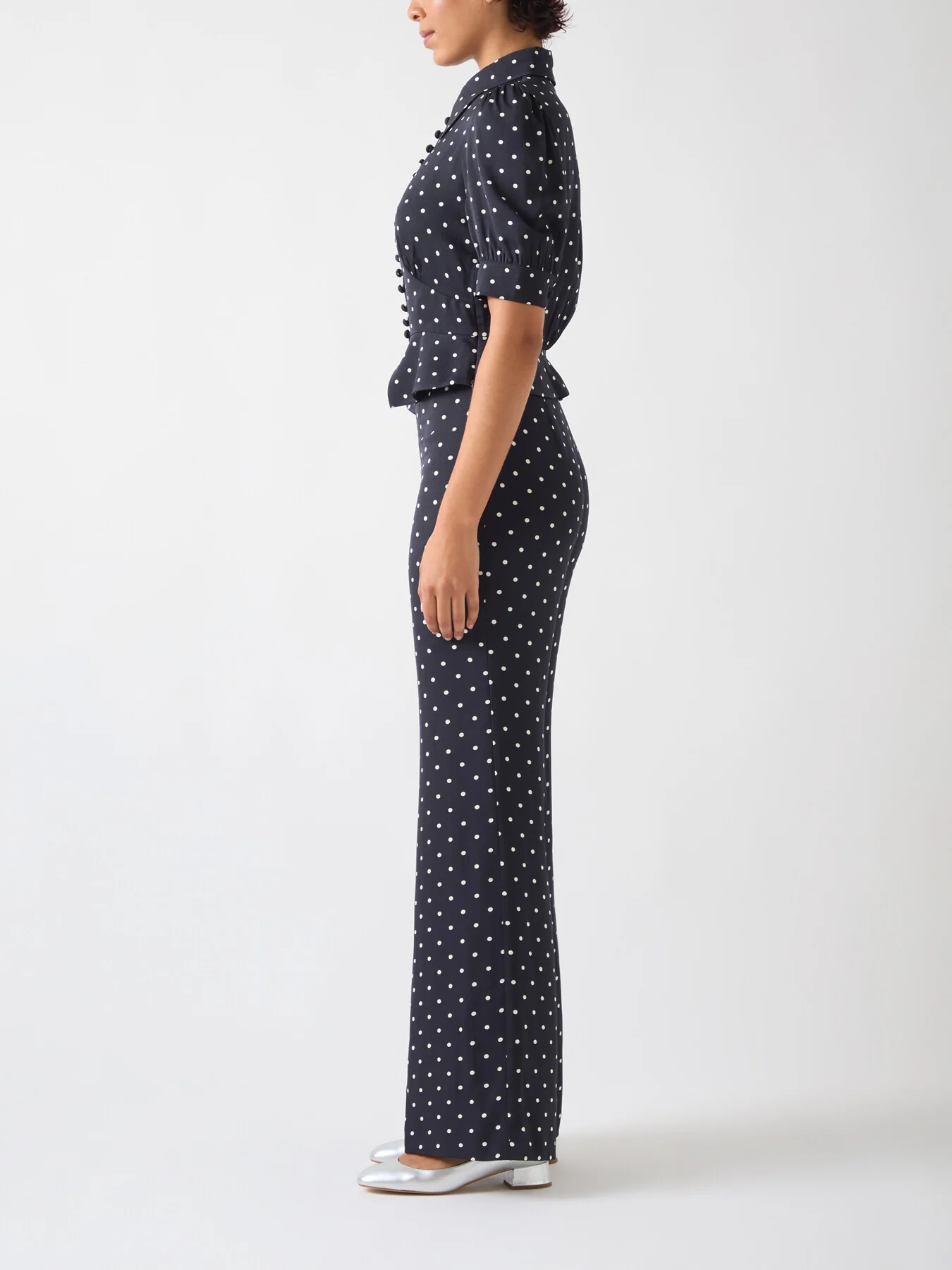 Elsie Spring Navy & Birch Viscose 40'S Polka Dot Trouse - Image 3