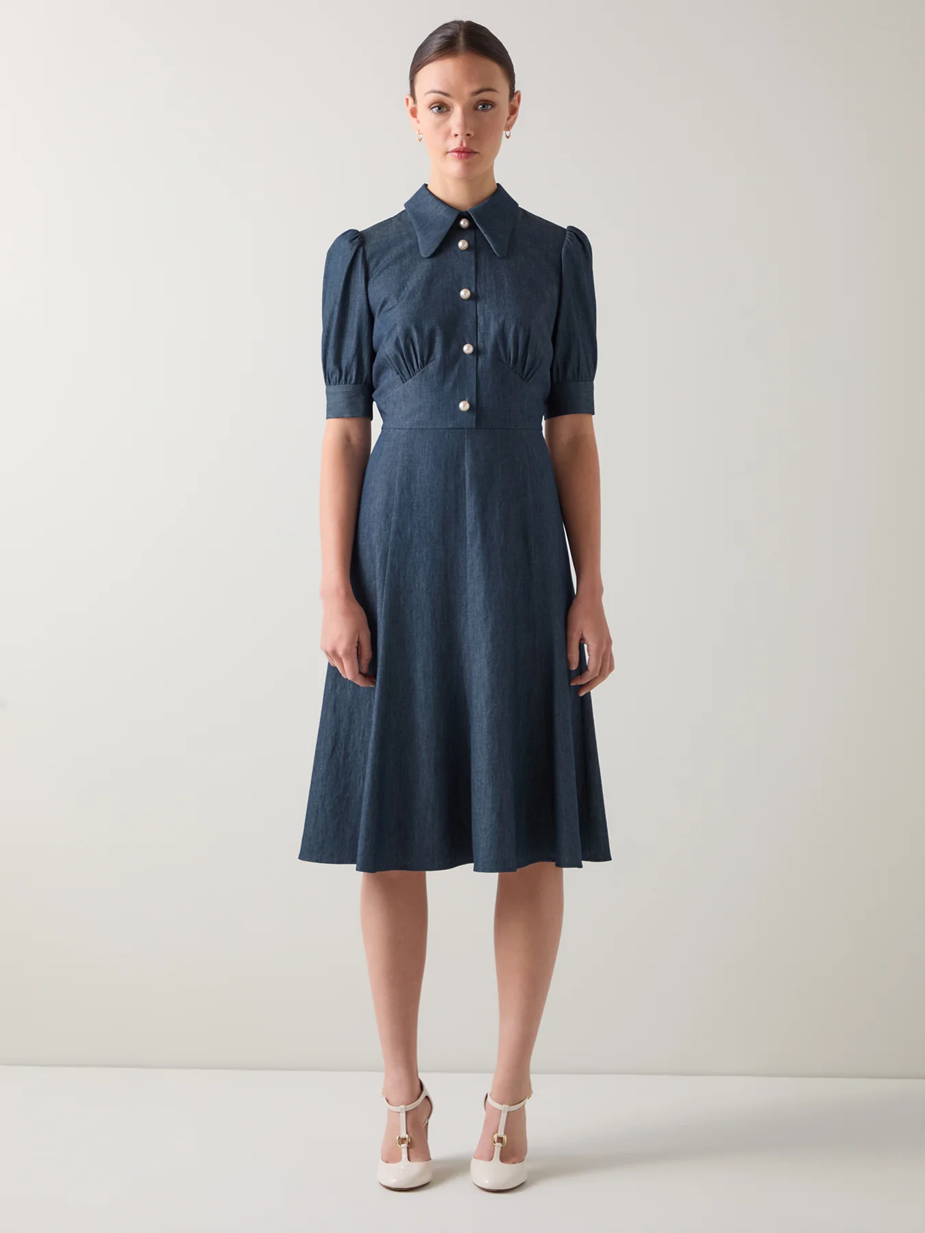Esme Plain Cotton Chambray Pearl Button Dress Blue - Image 3
