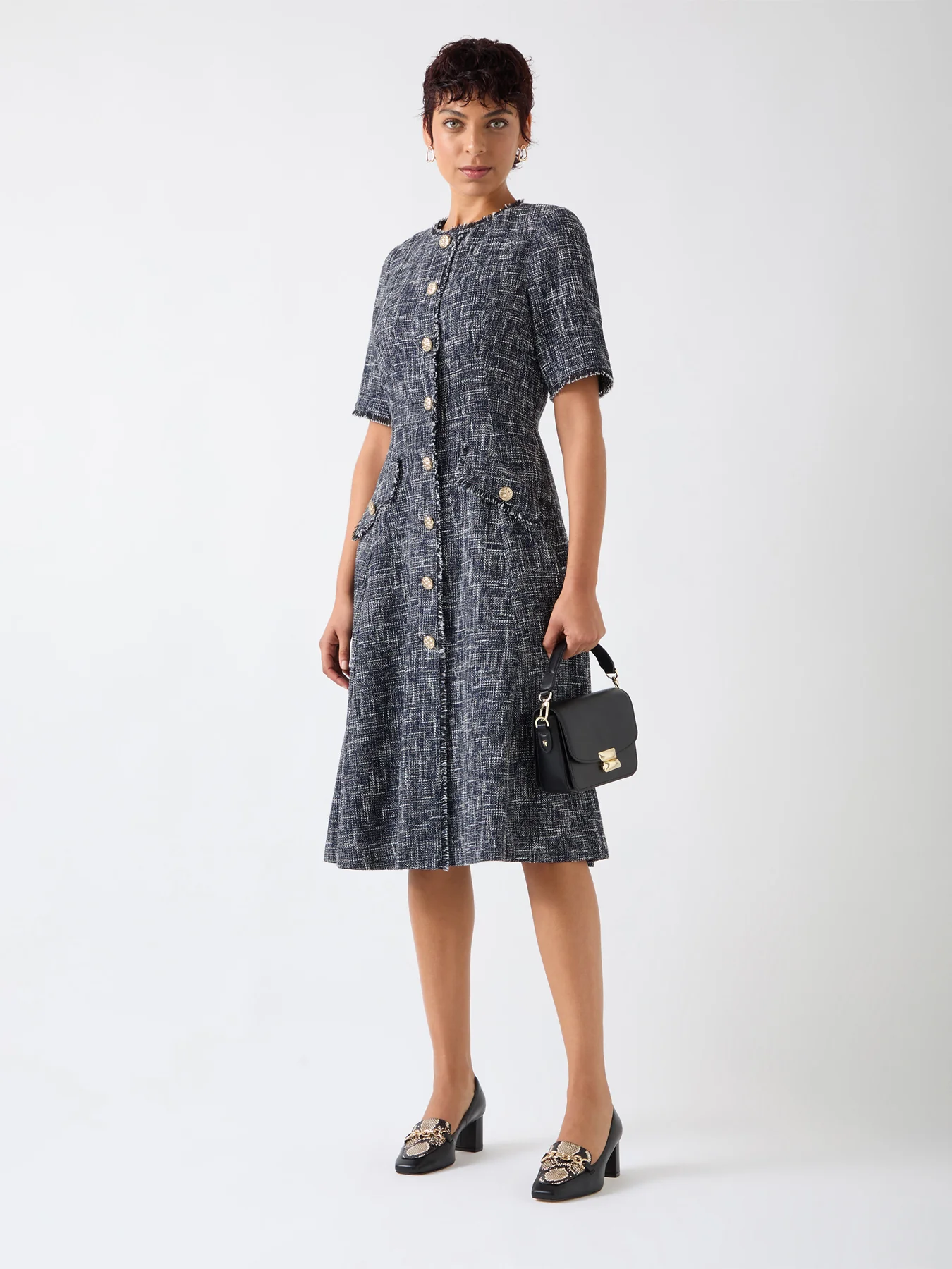 Suzie Indigo & Black & Cream Cotton Blend Tweed Button Through Dress - Image 3