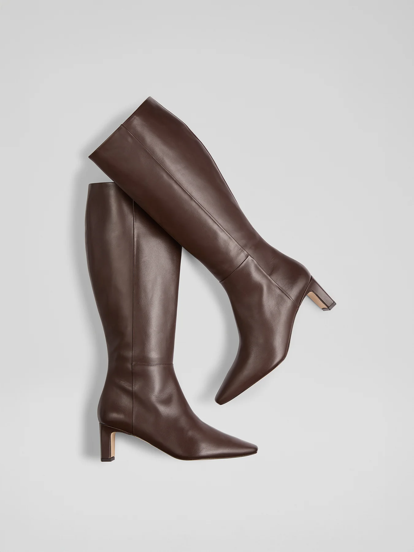 Margarite Plain Leather Mid Heel Knee Boots Brown - Image 2