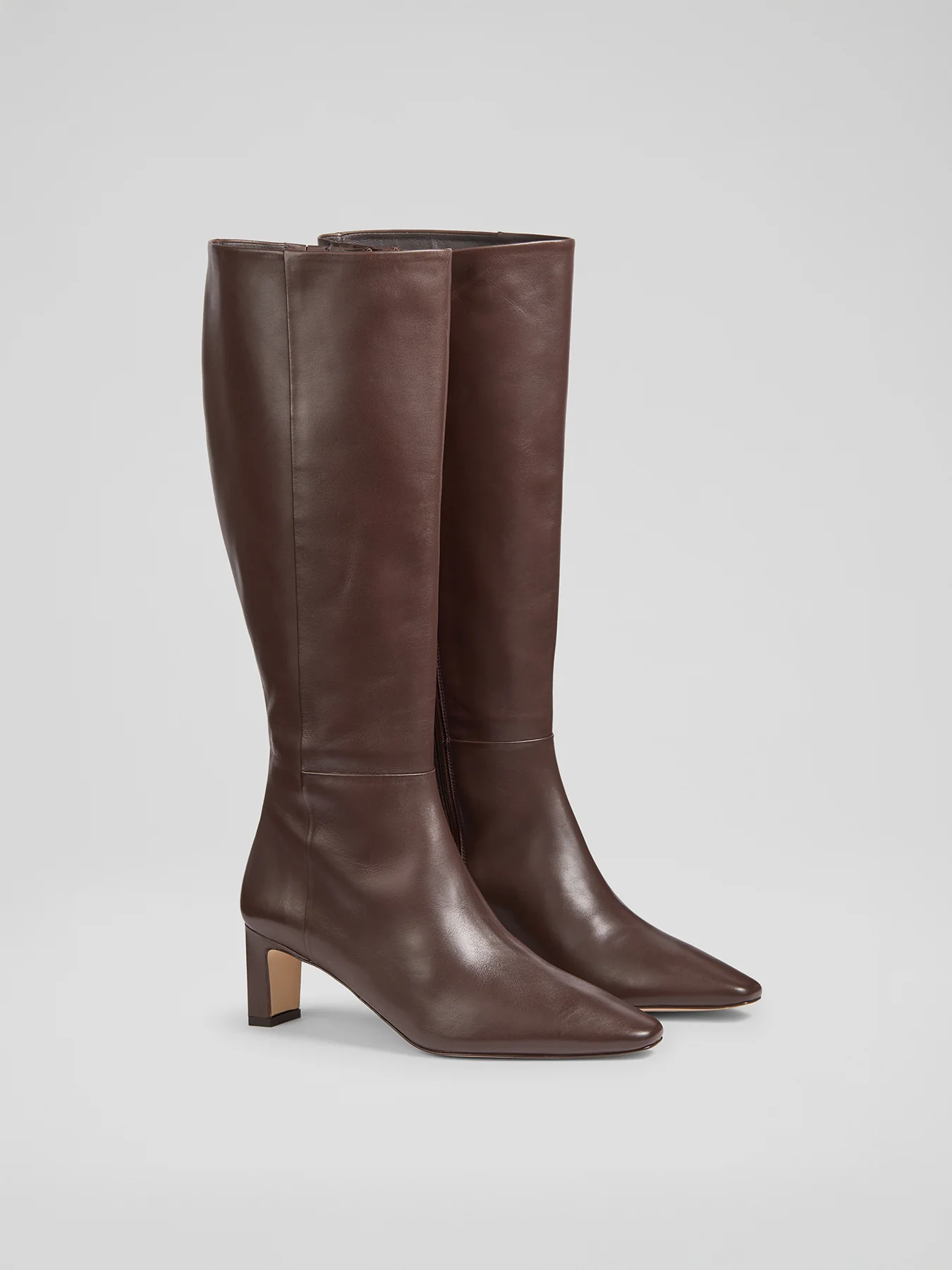 Margarite Plain Leather Mid Heel Knee Boots Brown - Image 3