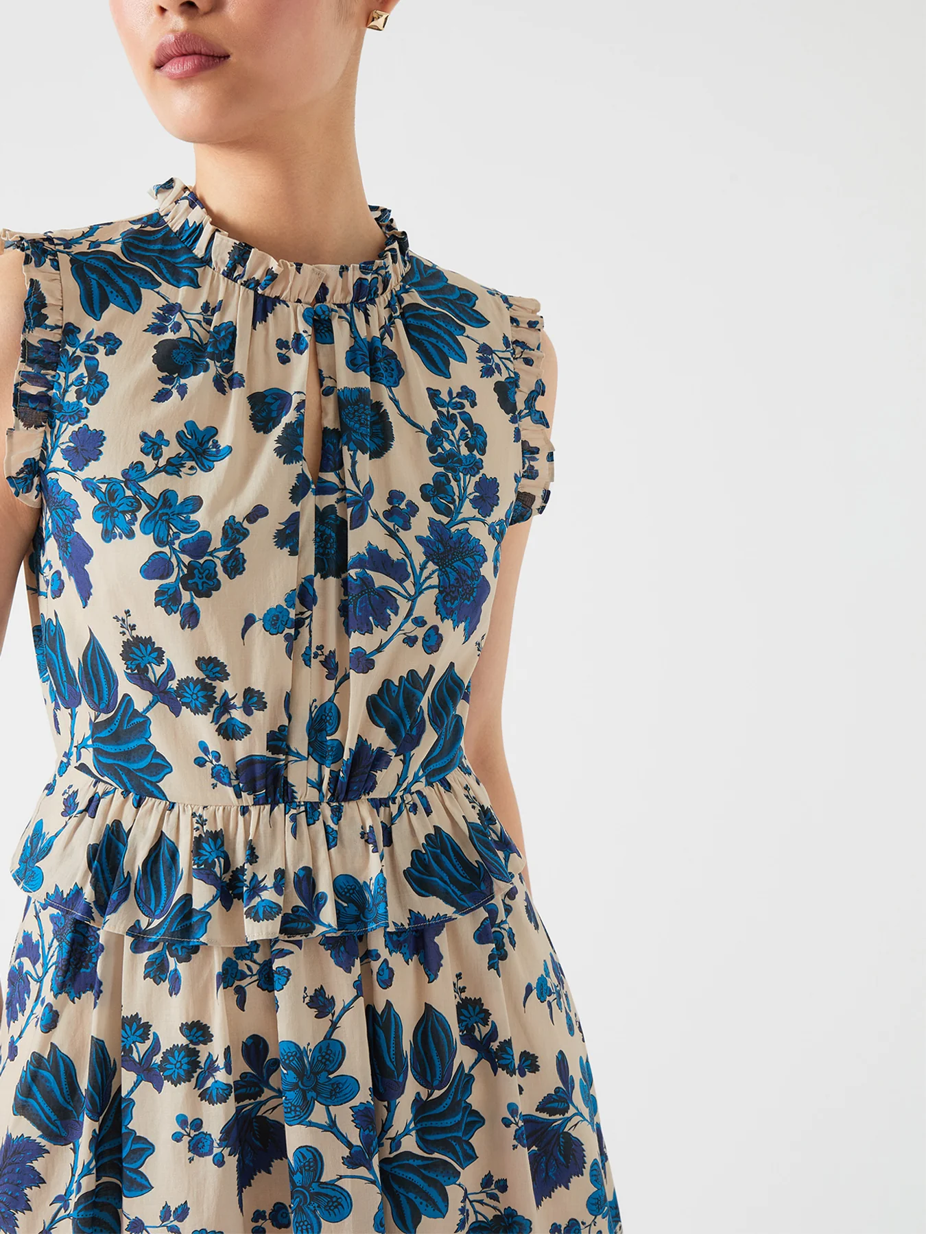 Cream Isolde Birch  & Blue Cotton Dress Cotton Voile Dress With Frill Detailing - Image 2
