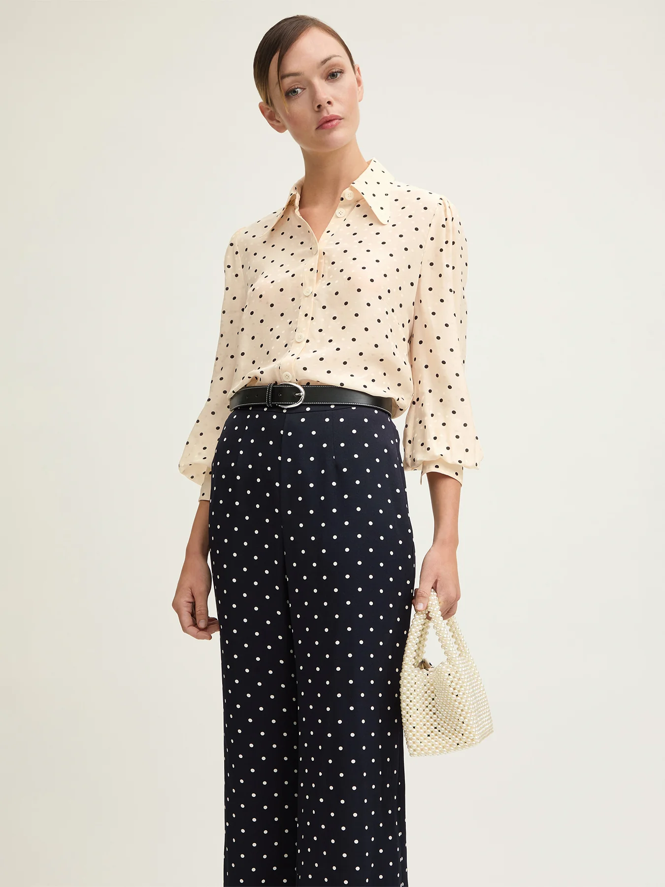 Cream Sonya Birch & Black Silk Blend Polkadot Jacquard Blouse - Image 2