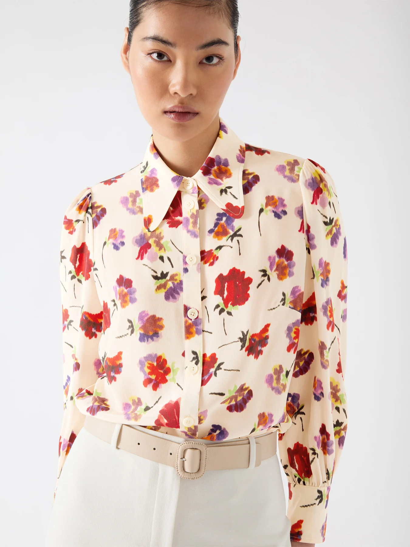 Cream Sonya Italian Straw Multi Silk Ikat Floral Silk Shirt - Image 3