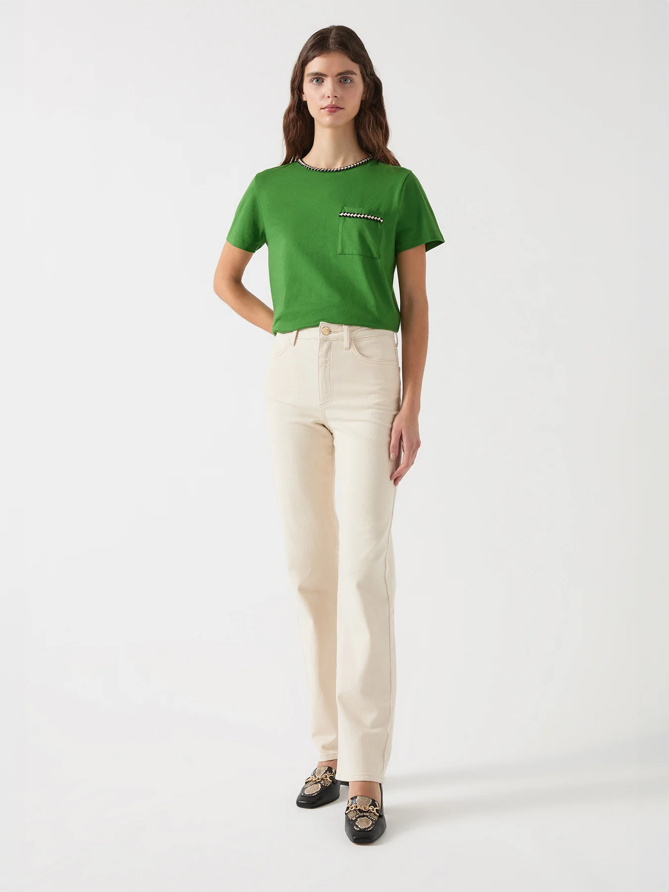 Green Vita Treetop Green Cotton Plaited Trim T-Shirt - Image 2