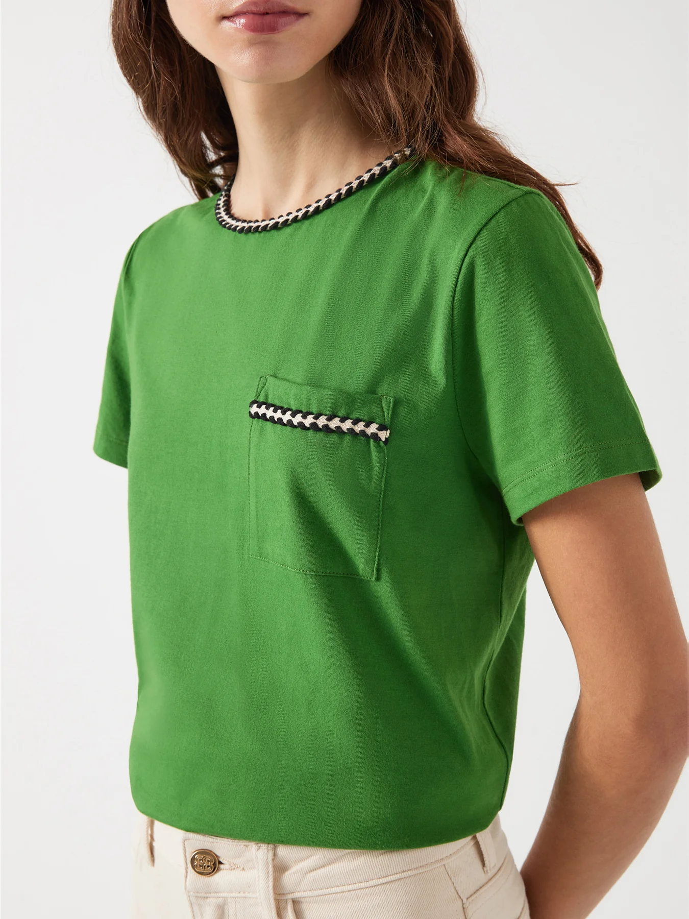Green Vita Treetop Green Cotton Plaited Trim T-Shirt - Image 4