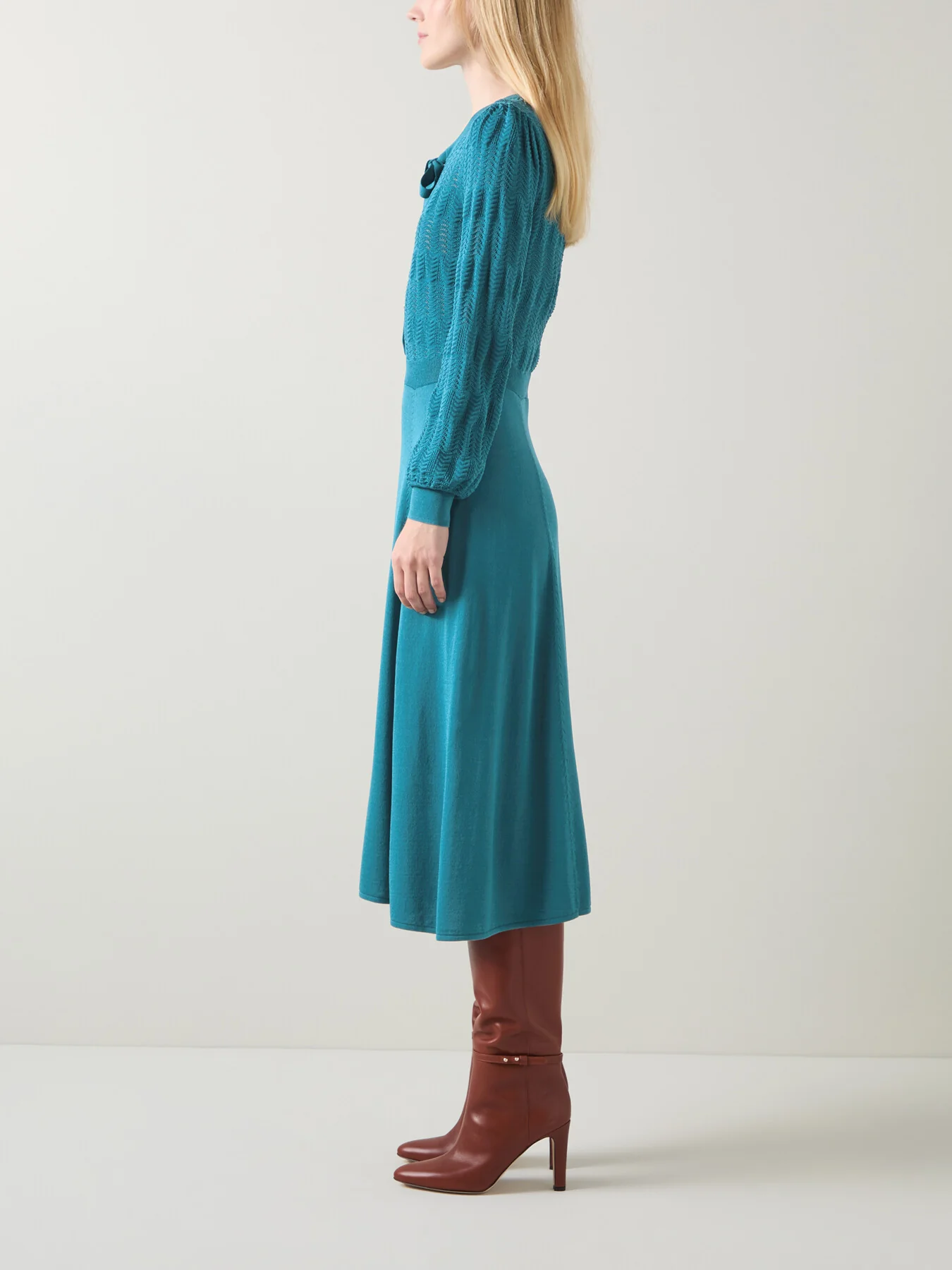 Susannah Dark Teal Tie Neck Pointelle Fit And Flare D - Image 2