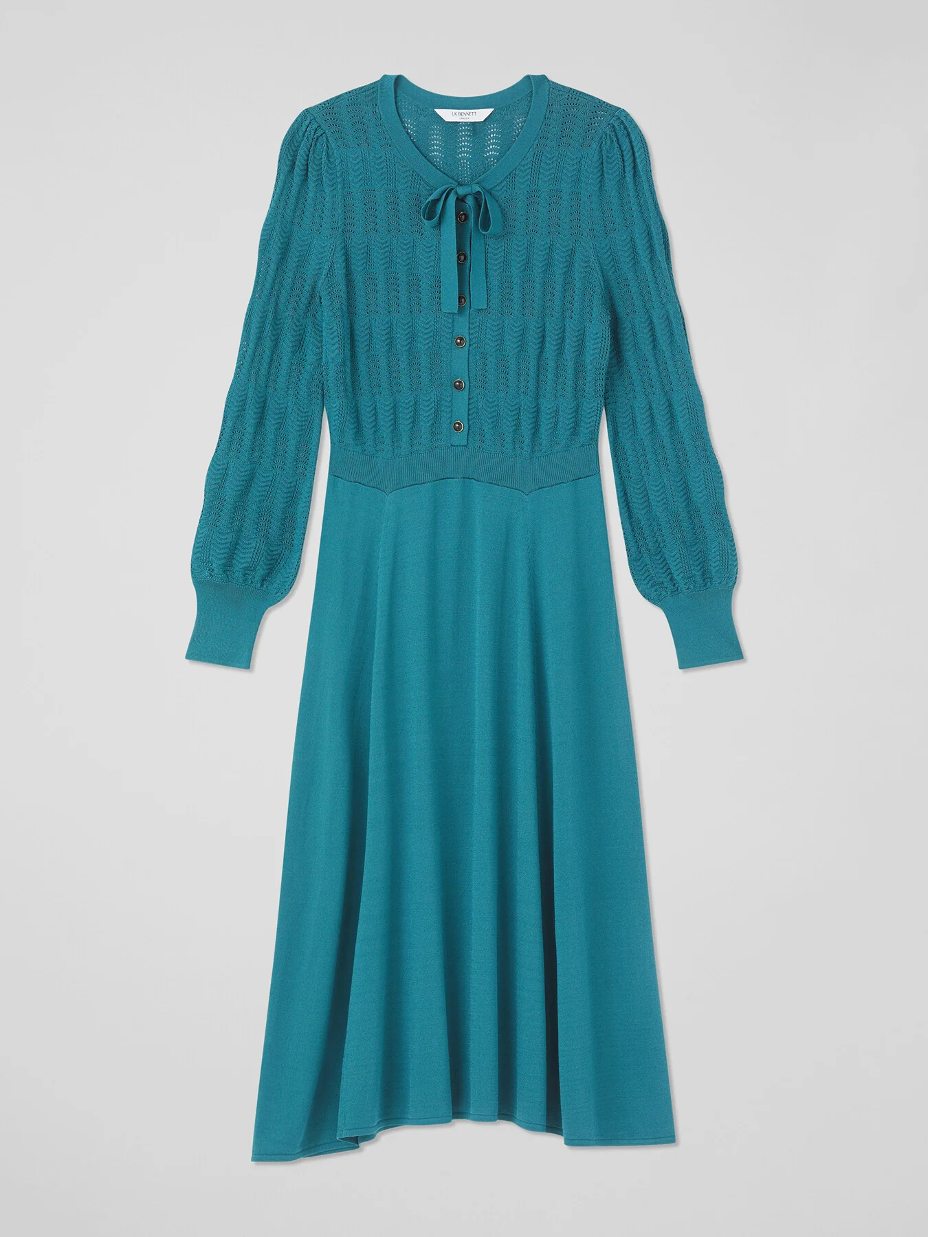 Susannah Dark Teal Tie Neck Pointelle Fit And Flare D - Image 5