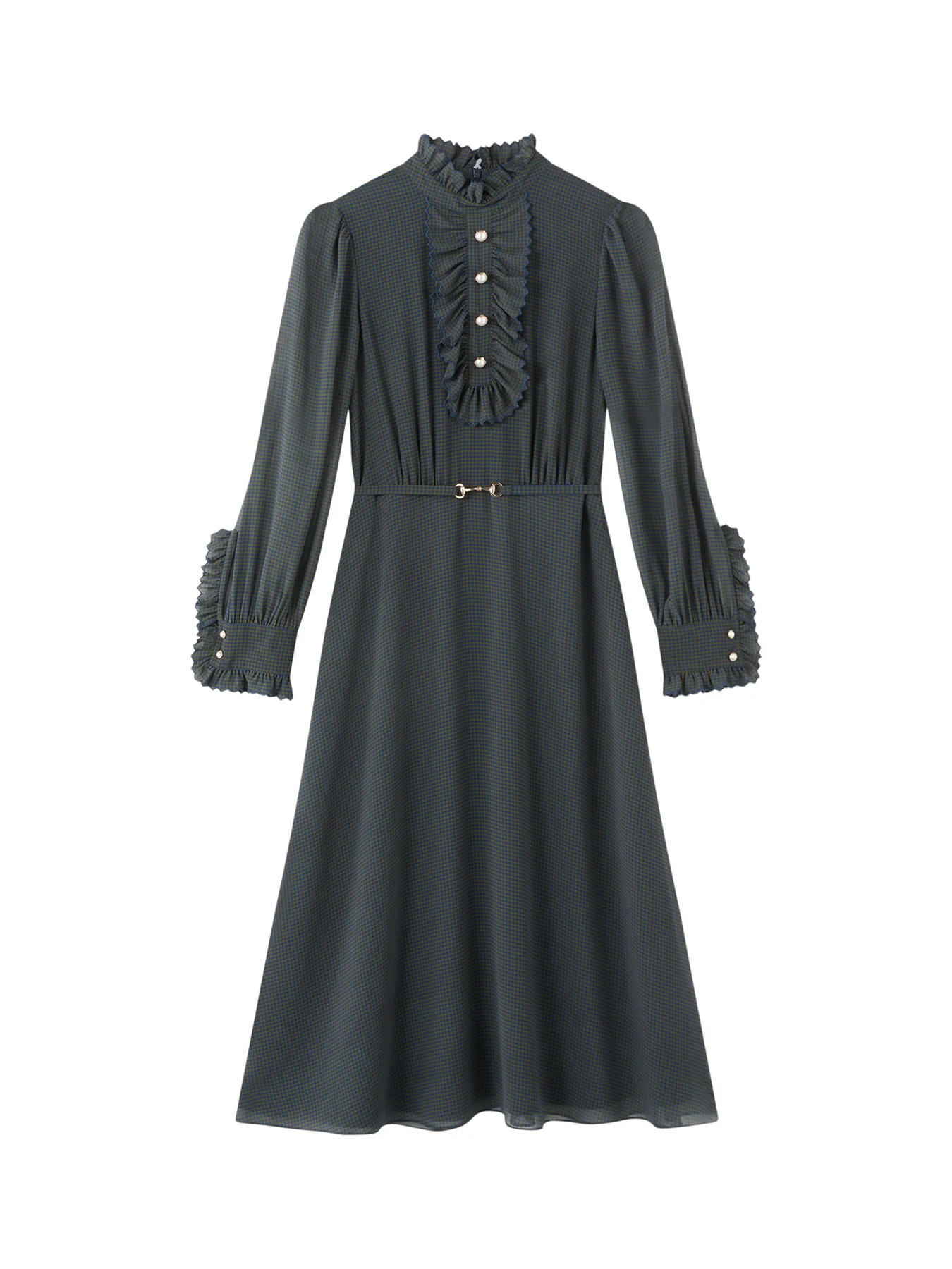 Sadie Midnight Houndstooth Print Recycled Fabric Georgette Dress with Belt
