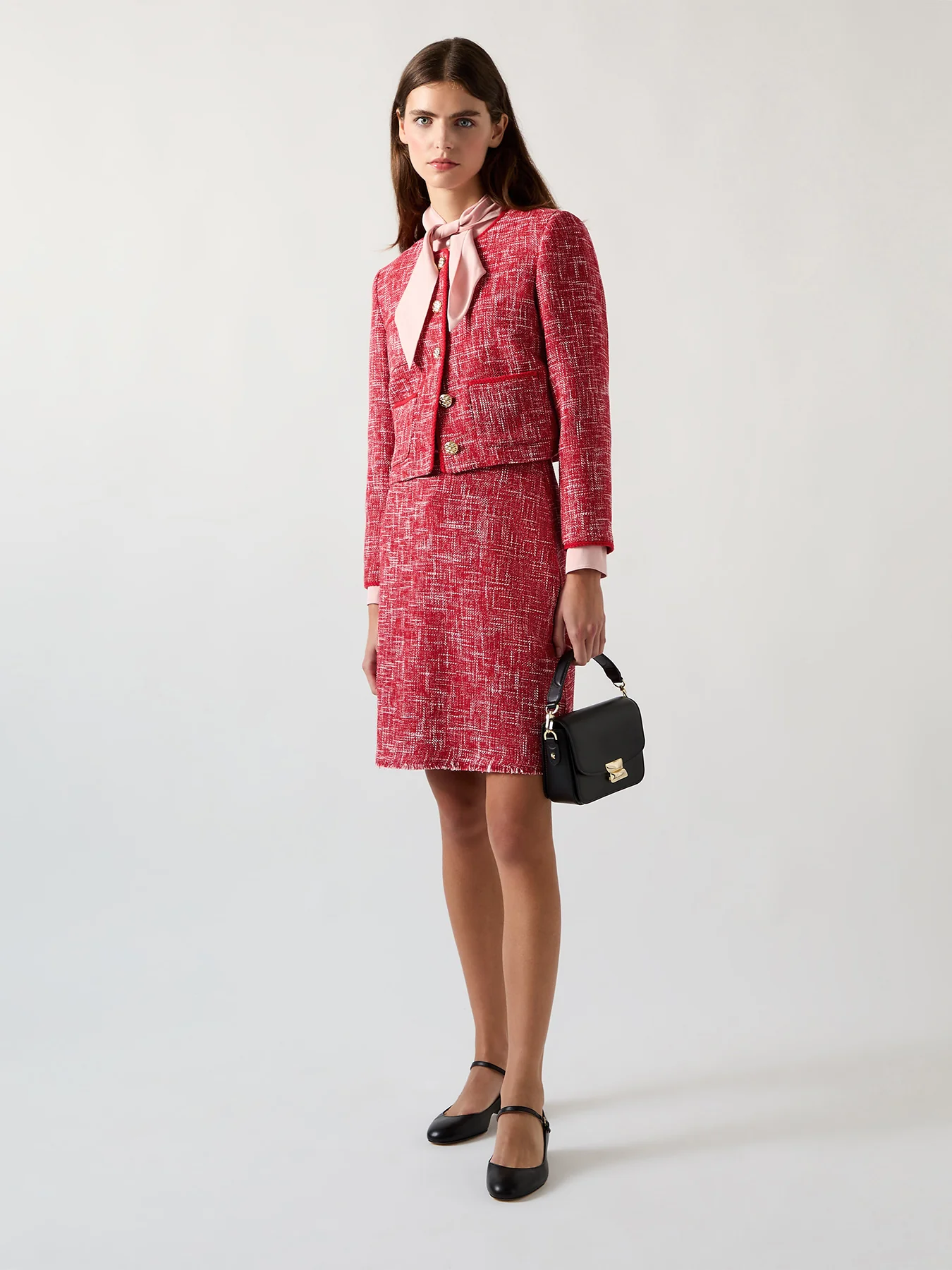 Red Alexa Red Cotton Blend Tweed Jacket With Plaited Trim - Image 4