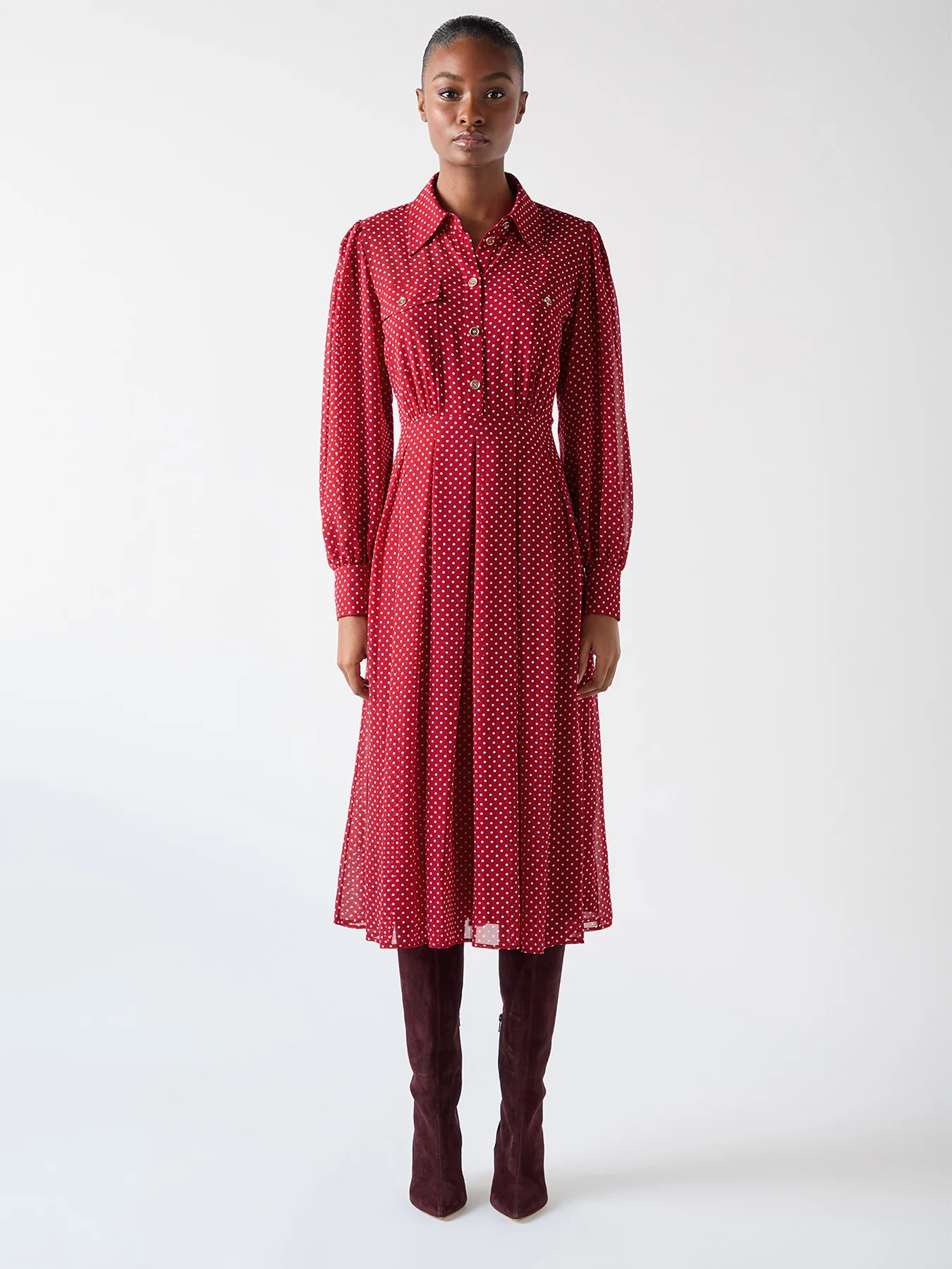 Red Cody Red Polka Dot Print Pocket Shirt Dress - Image 3