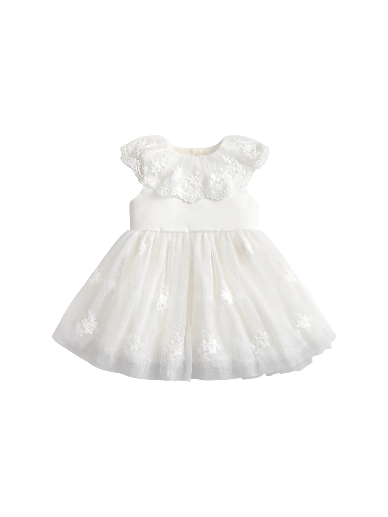 White Mesh Collar Flower Girl Dress With Embroidered Skirt