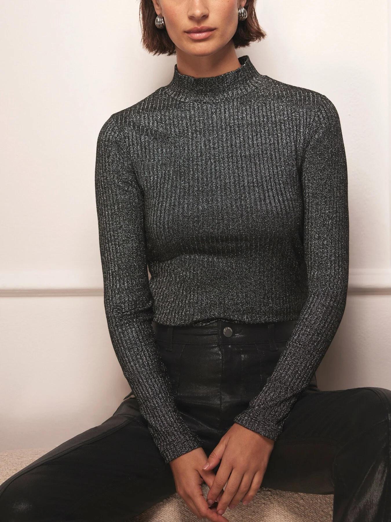 Silver Metallic Ribbed Polo Top - Image 2