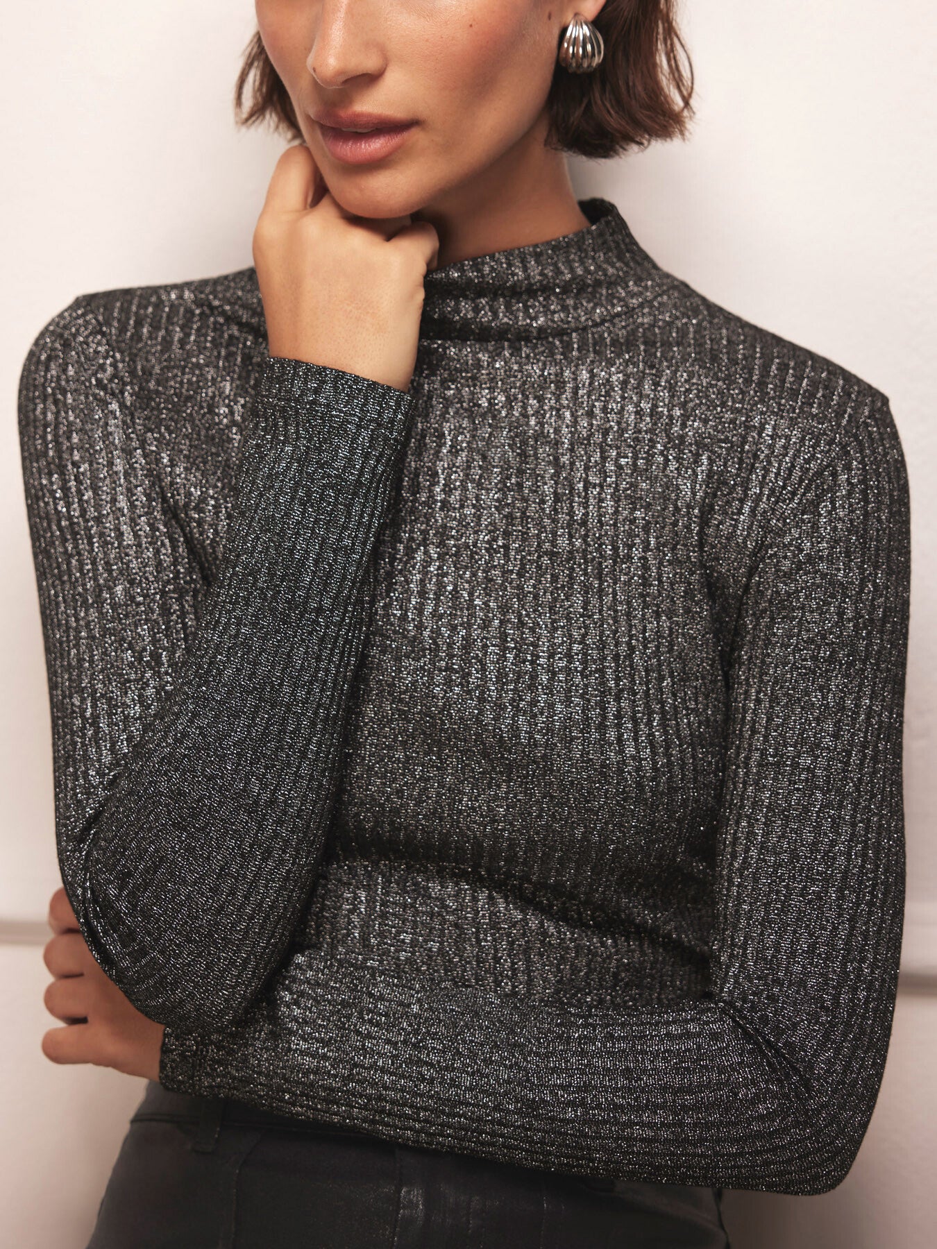 Silver Metallic Ribbed Polo Top - Image 3
