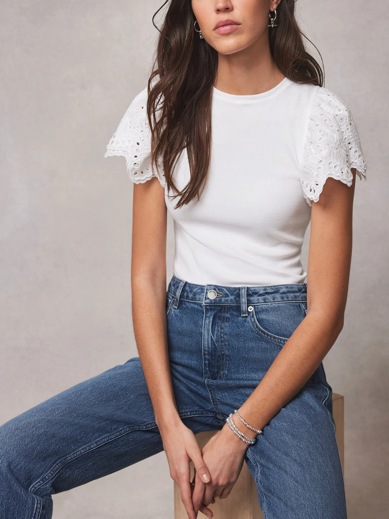 White Broderie Sleeve Top - Image 4