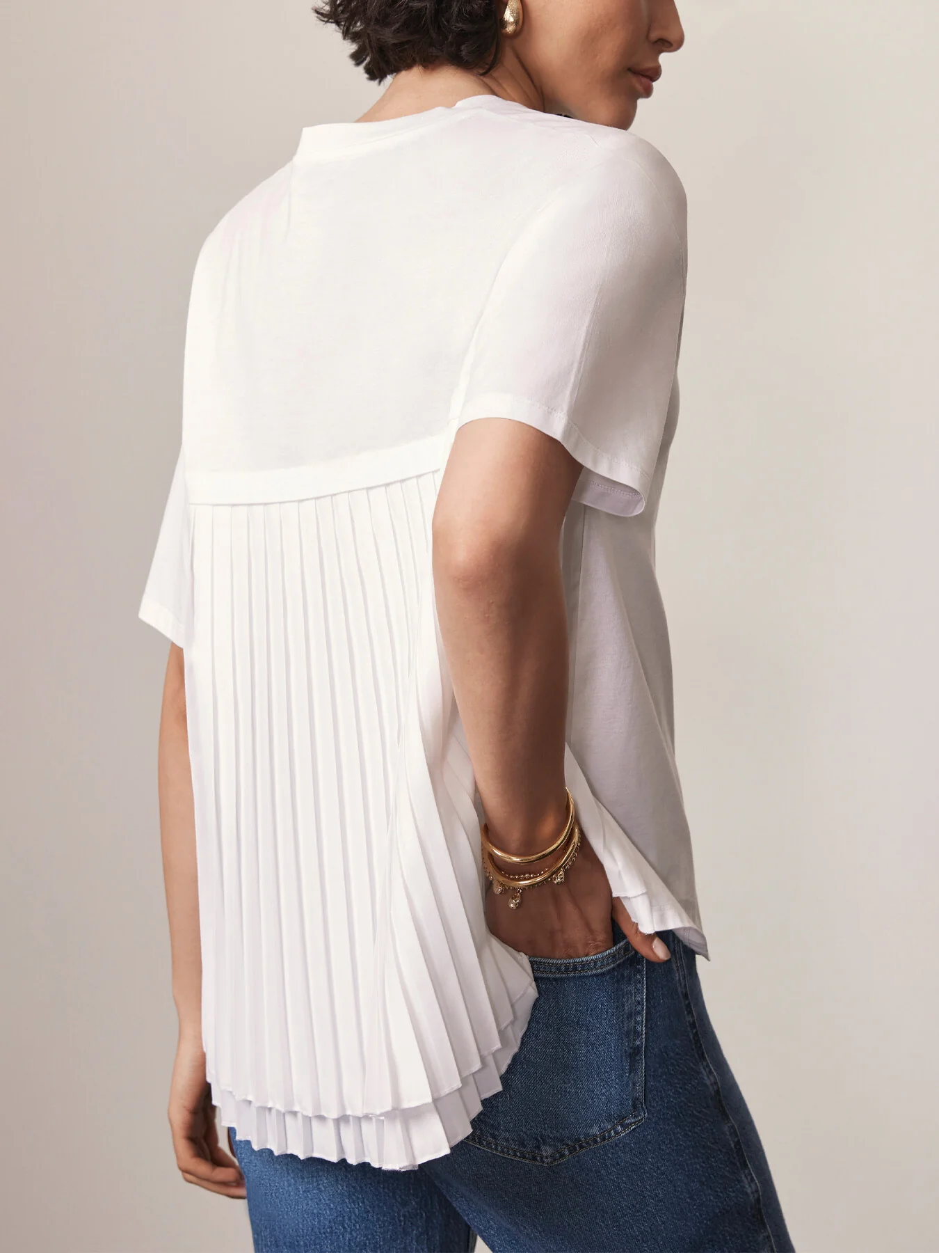 White Cotton Blend Pleated T-Shirt - Image 6