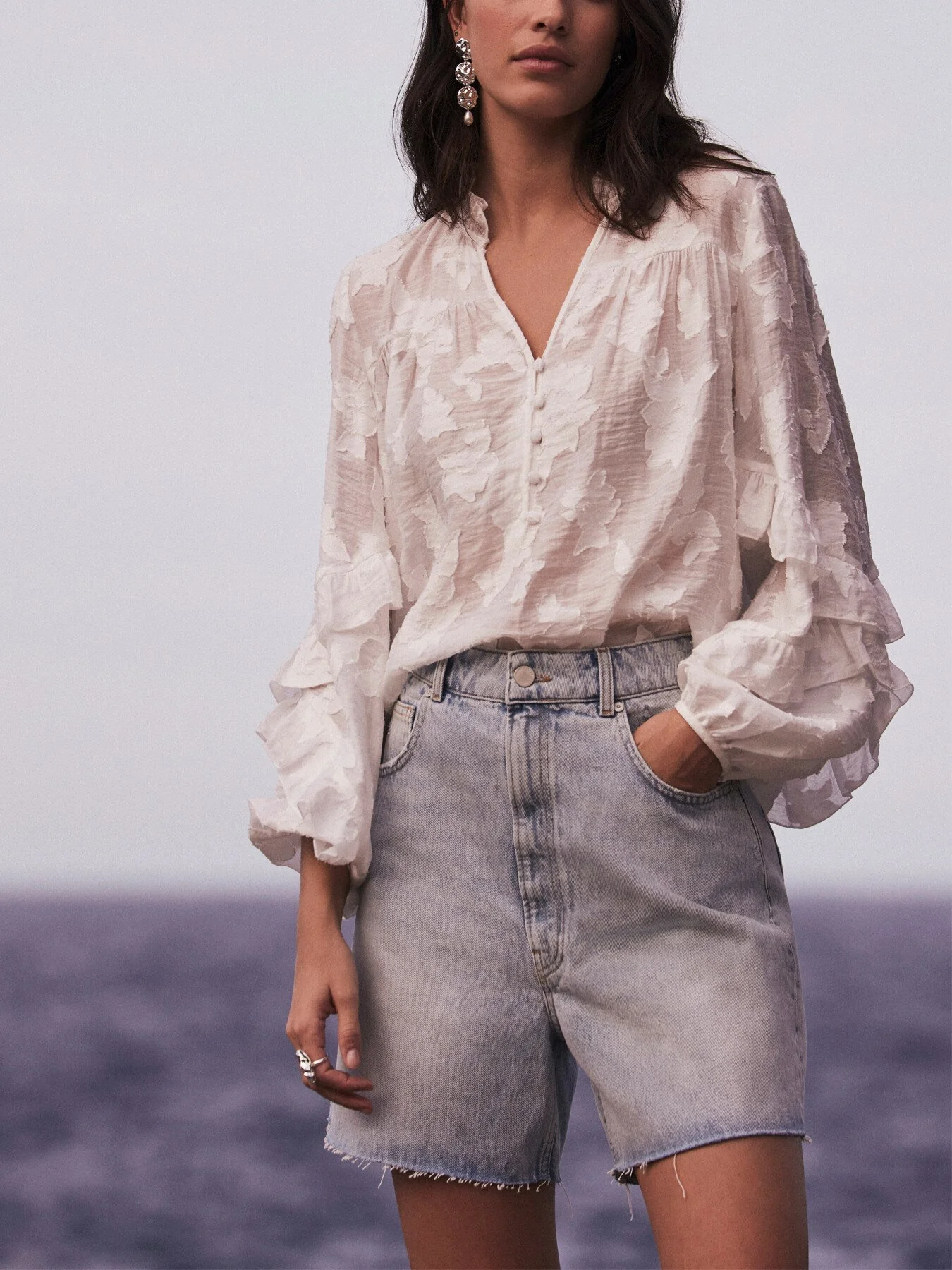 White Jacquard Ruffle Blouse - Image 2
