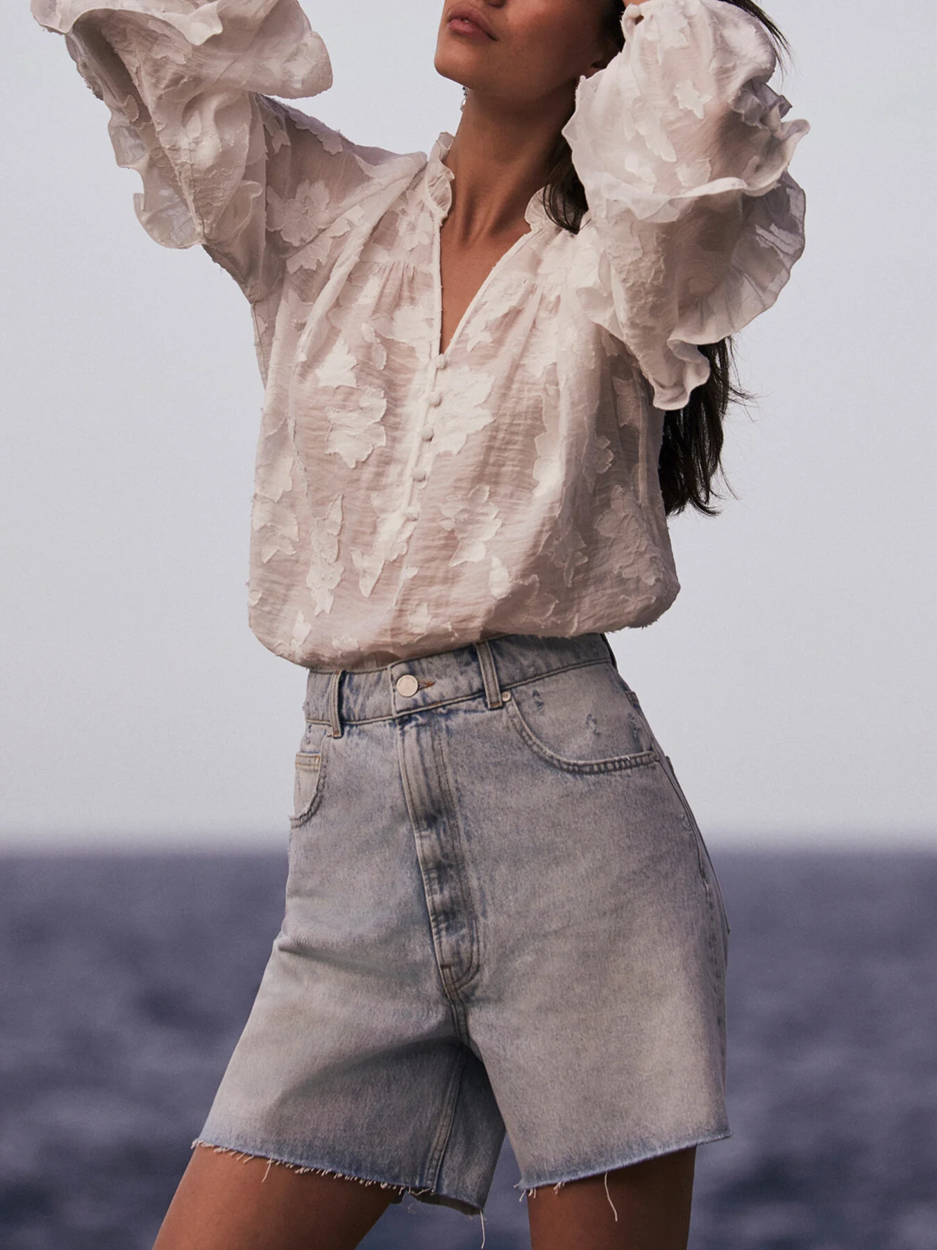 White Jacquard Ruffle Blouse - Image 5