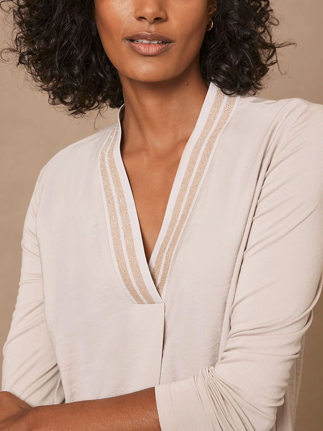 Beige Metallic V-Neck Top - Image 4