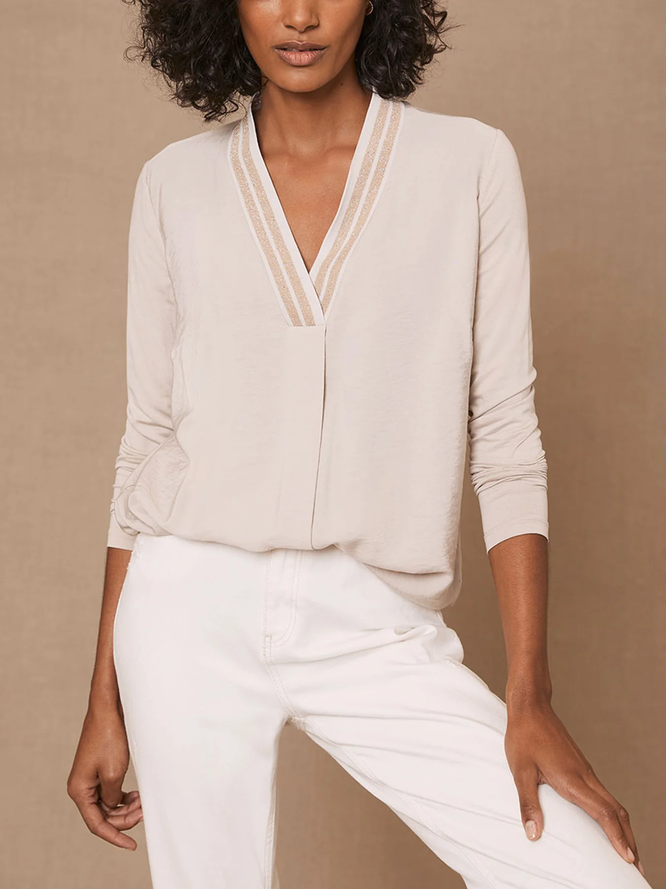 Beige Metallic V-Neck Top - Image 5